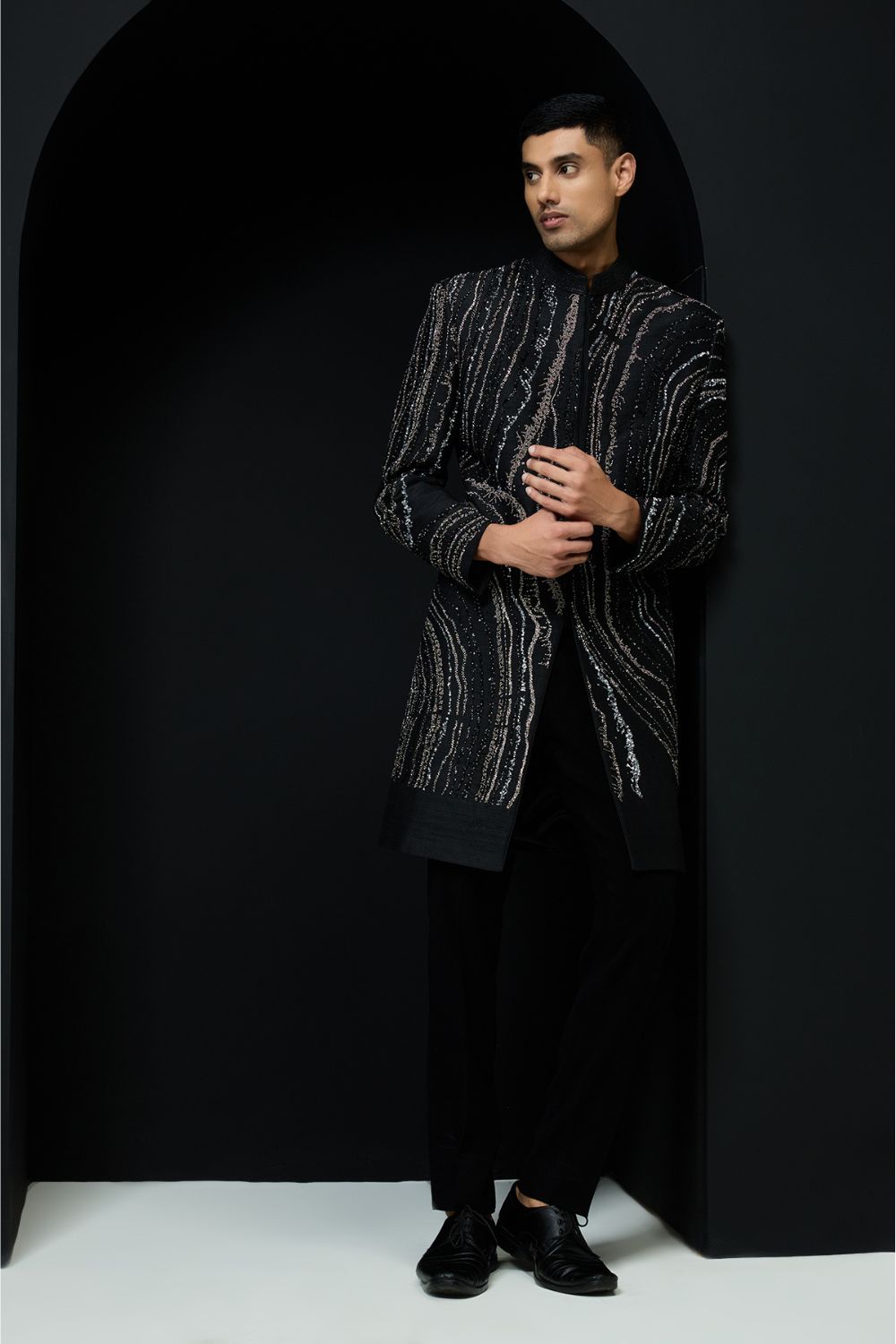 Black indo Western highlighting with pearls, sequins and cutdana