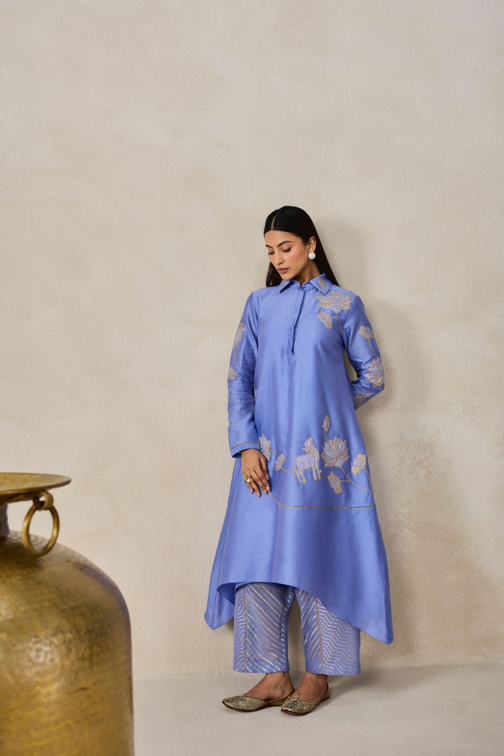 Chanderi Assmmetrical Kurta With Pant Set