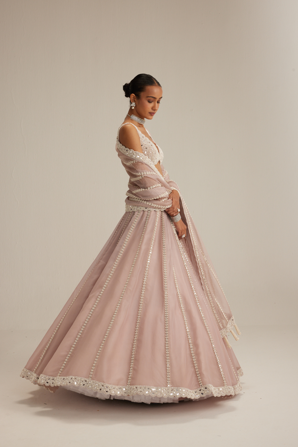 Ash Pink Pearl Mirror linear Lehenga with V neck Blouse