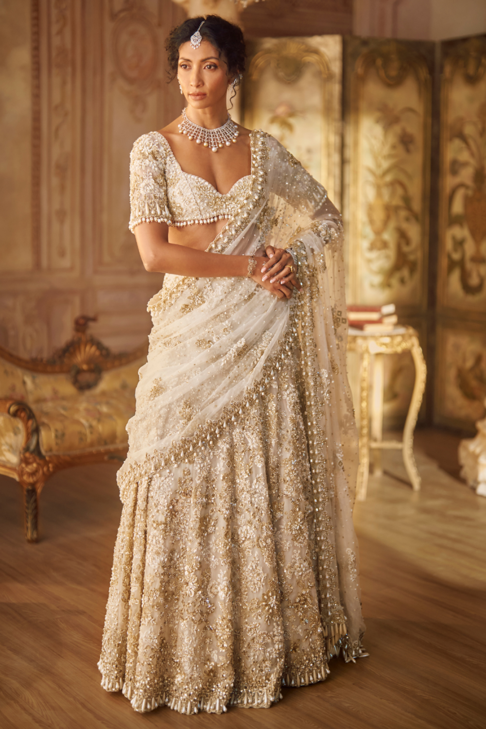 Ivory Gold Lehenga Saree Set