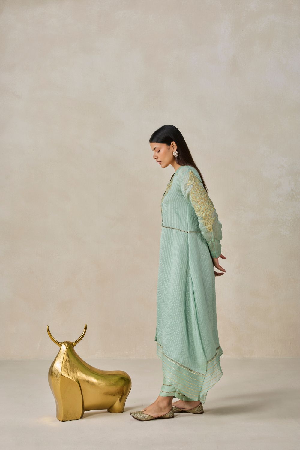 Chanderi Front Open Assymetrical Kurta With Pant