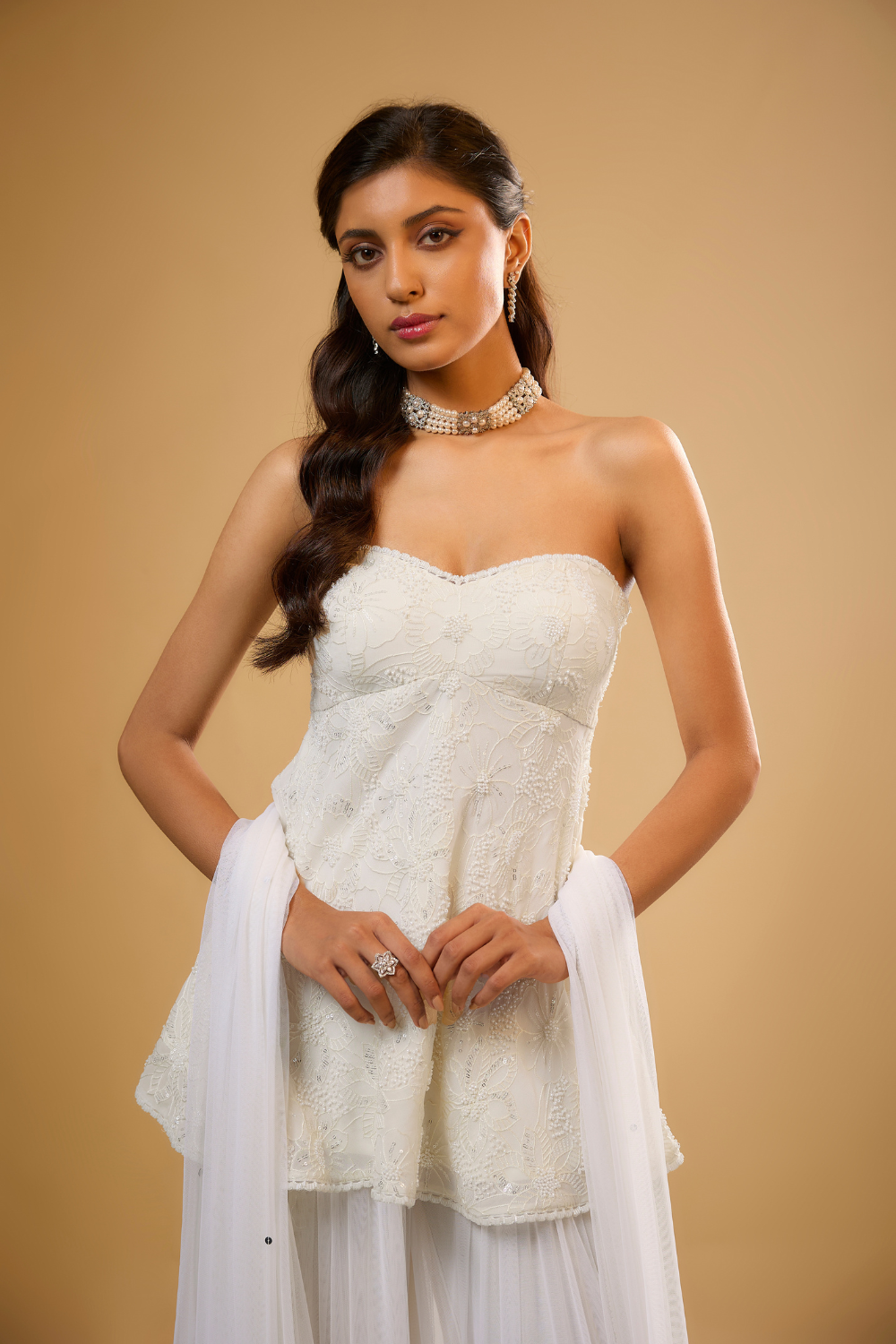 Vanilla White georgette kurta sharara set embroidered with sequins, glass beads & threadwork