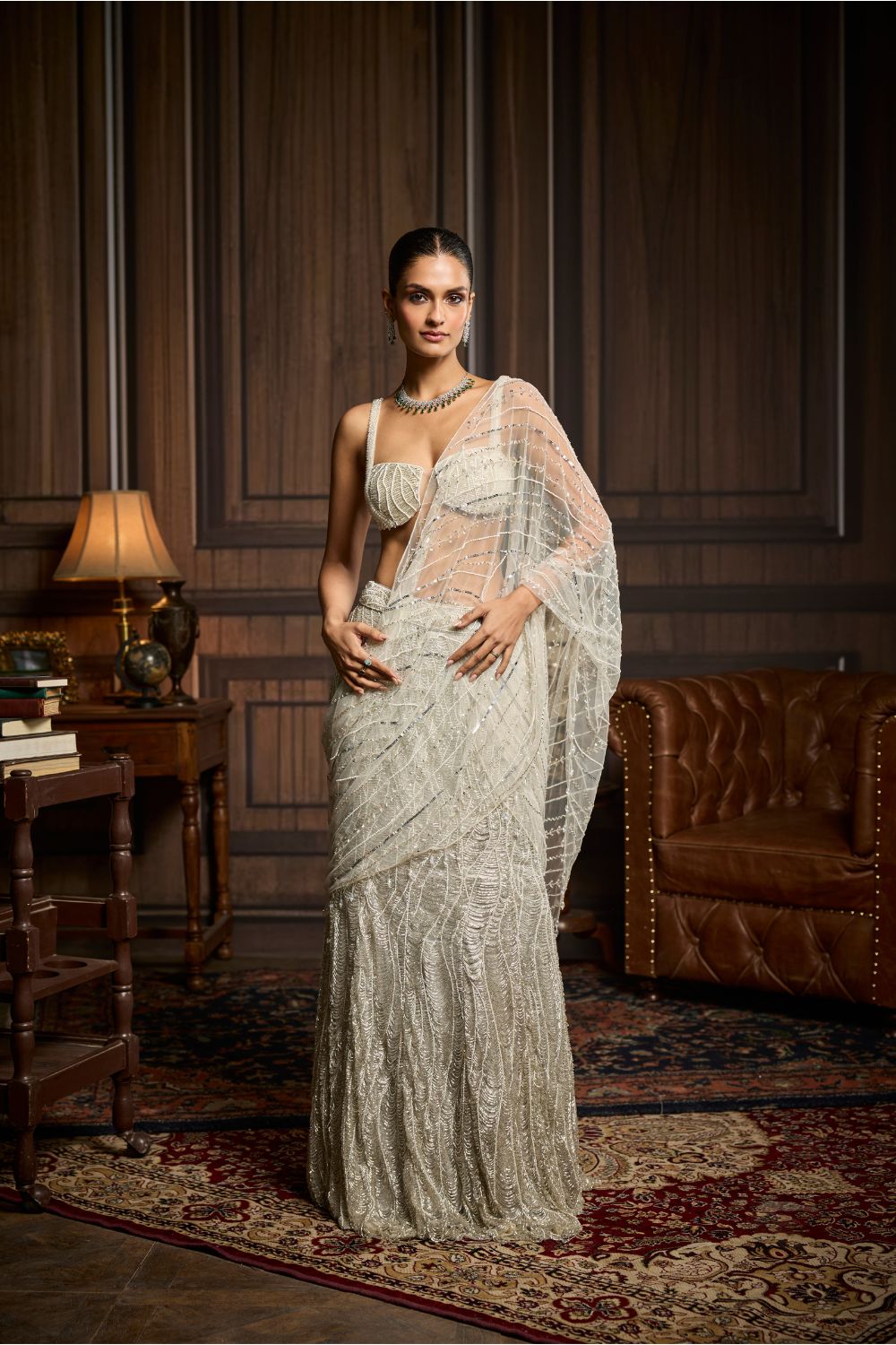 SILVER FULLY EMBELLISHED PRE-DRAPED SKIRT SAREE SET