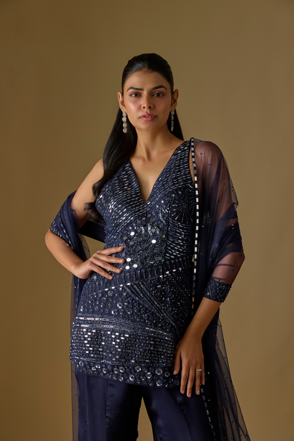 Marina- Navy bloue Kurta with Plain Sharara and Zentangle Dupatta