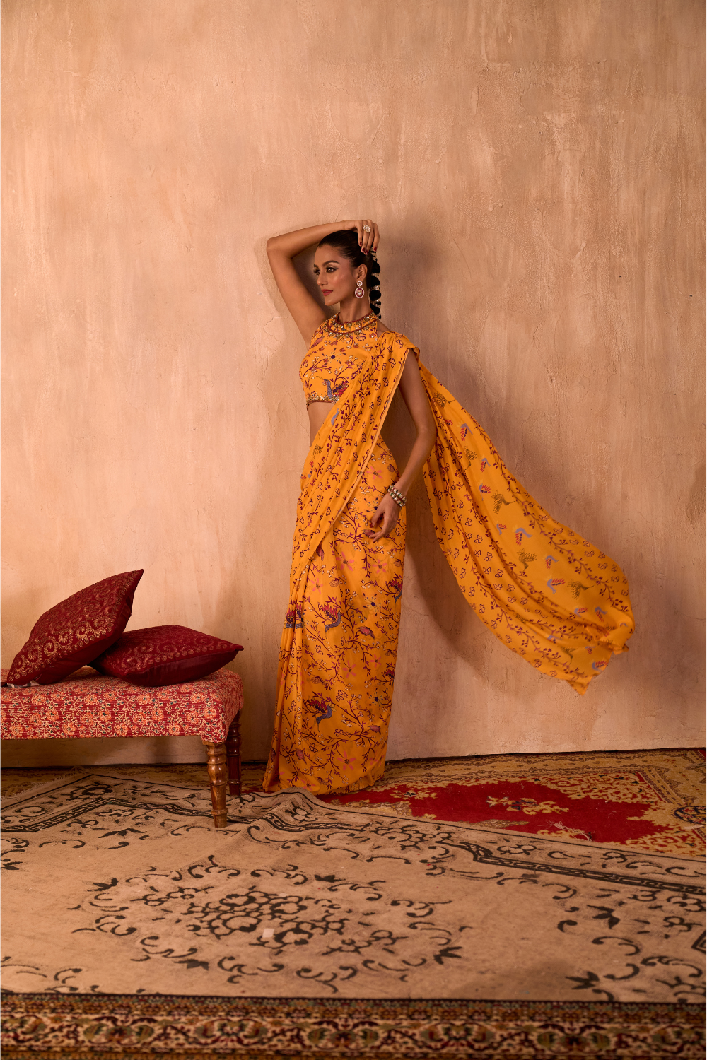 YELLOW PRINT EMBROIDERED HALTER CHOLI AND PREDRAPED SARI SET