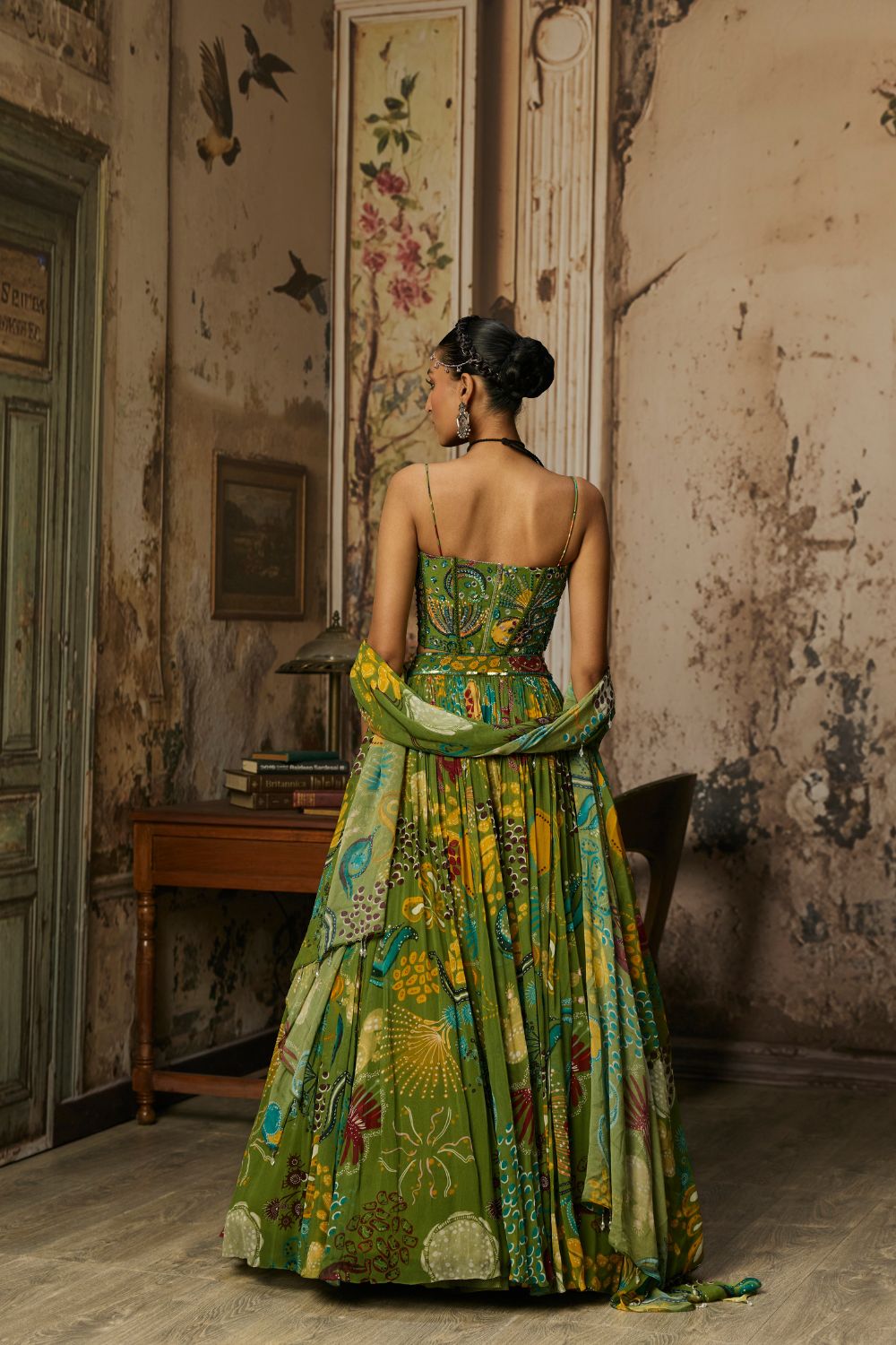 PEAR GREEN PRINTED HIGHLIGHTED BELL BOTTOM PANTS SET