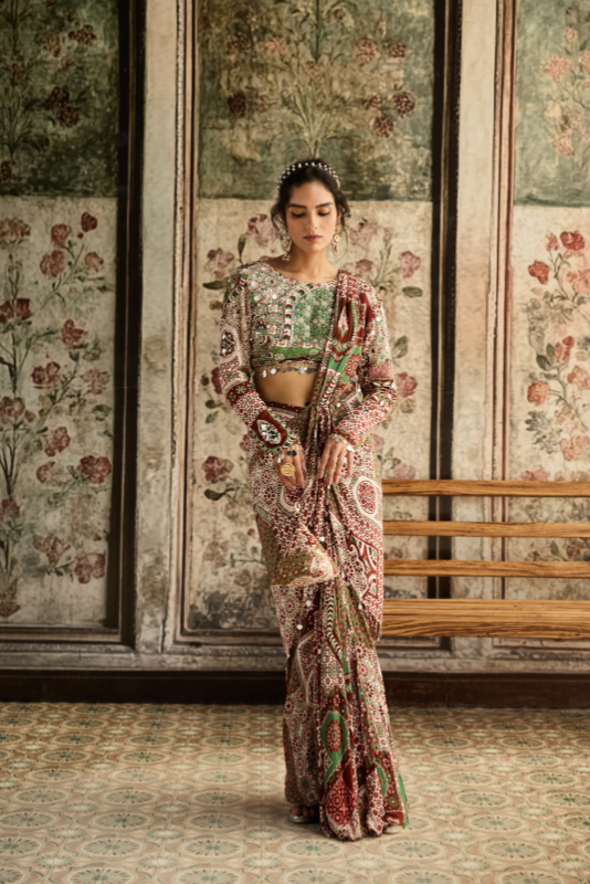 SAGE-MAROON PRINT AND HIGHLIGHTED DHOTI SAREE SET