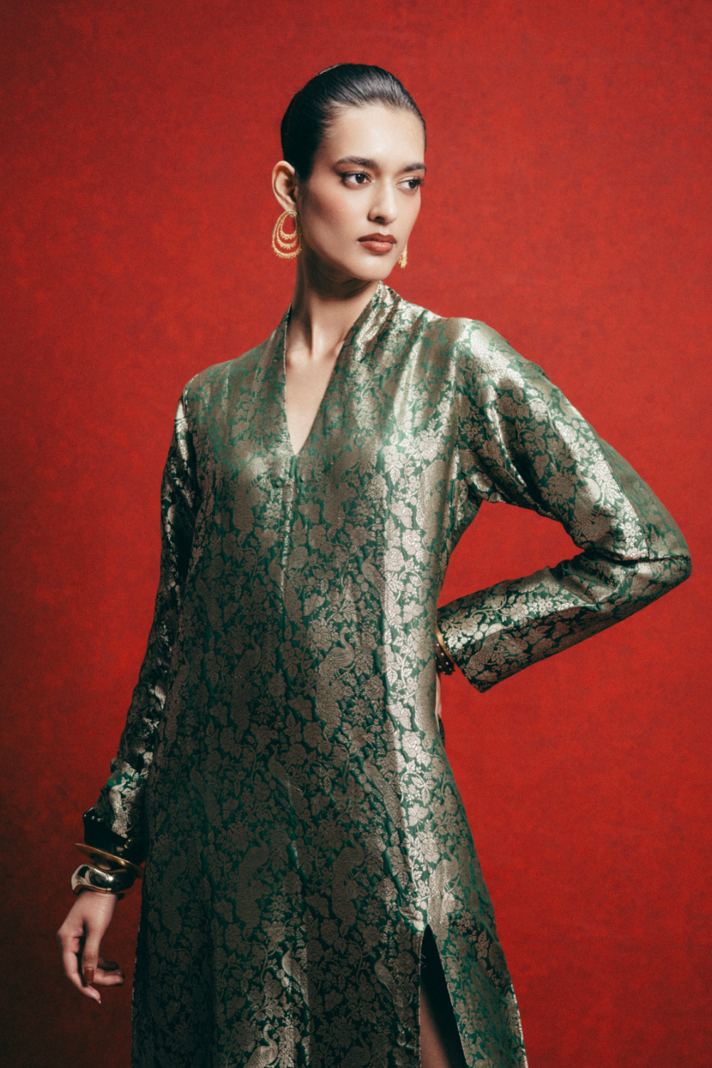 Handwoven Olive Green Banarasi Kaftan