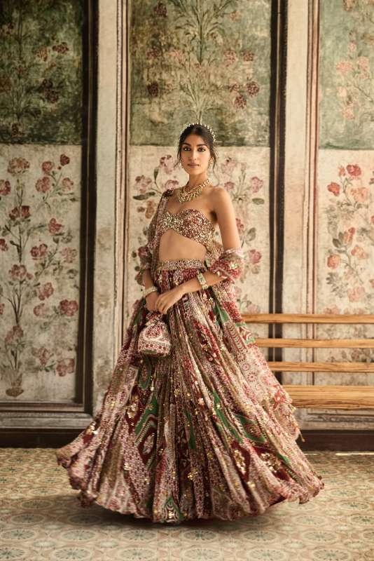 SAGE-MAROON PRINT AND HIGHLIGHTED STRAPLESS BLOUSE WITH LEHENGA SET