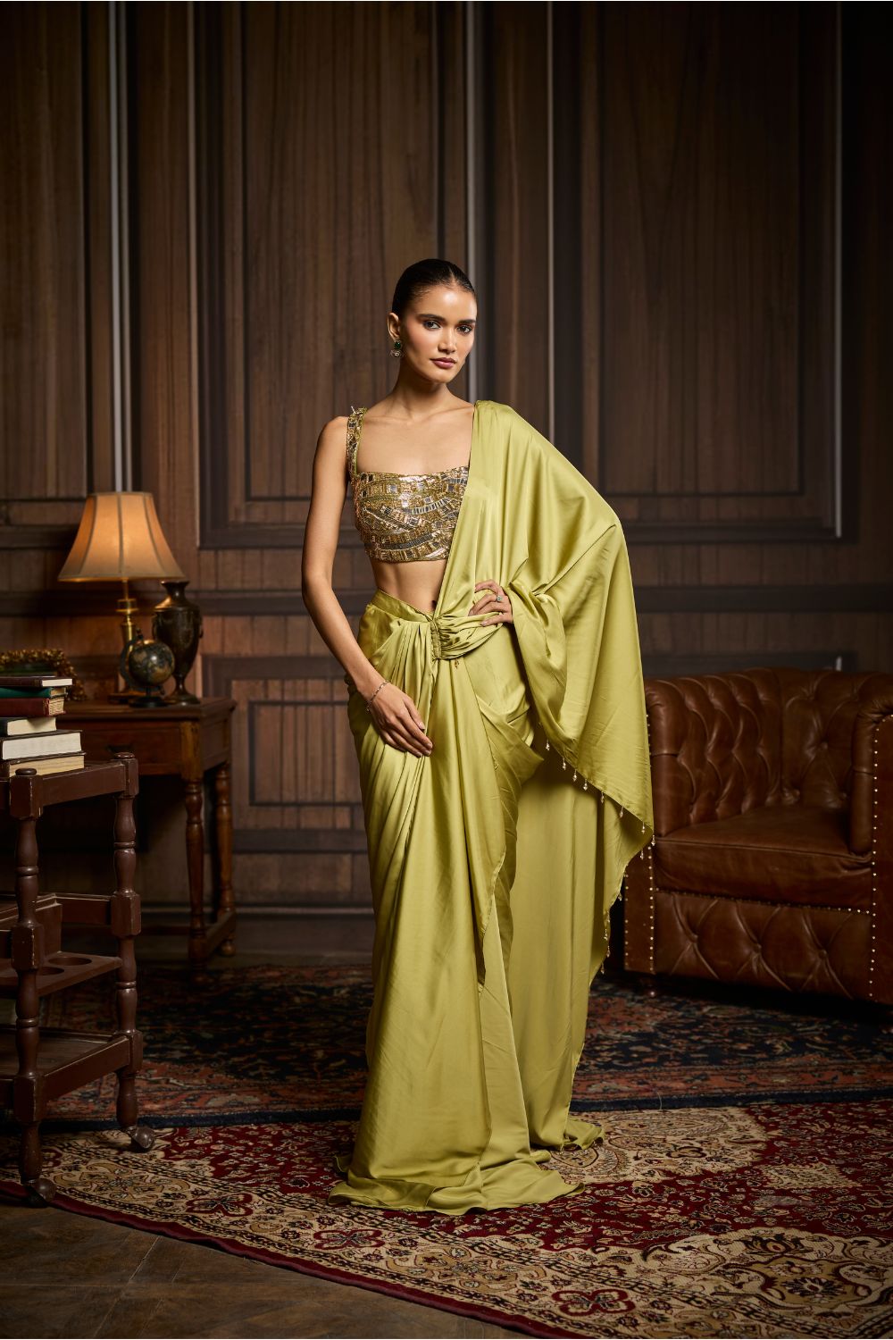 PEAR GREEN EMBROIDERED BLOUSE AND PRE DRAPED SAREE SET