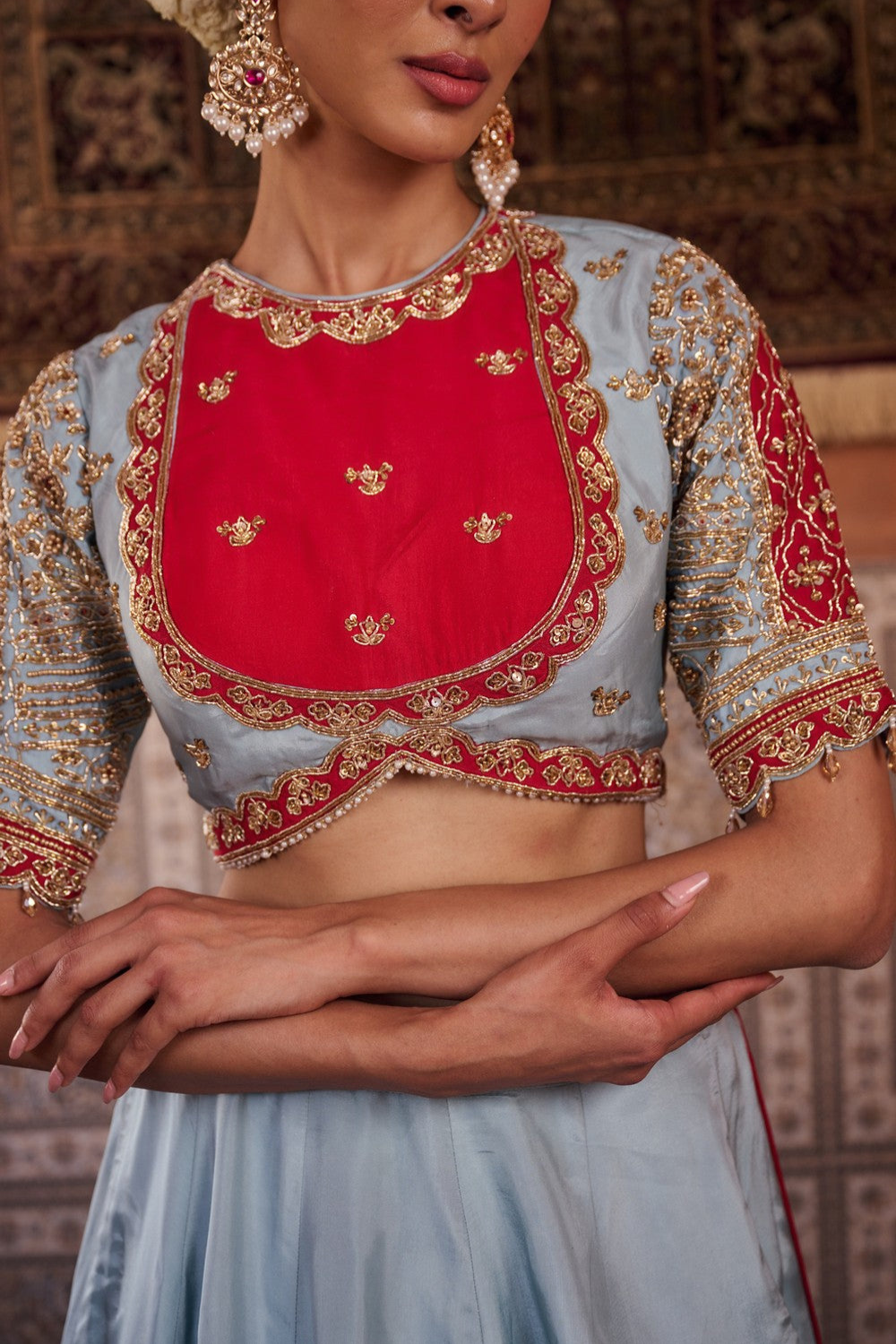 Powder blue and fuchsia silk blouse, lehenga and organza dupatta