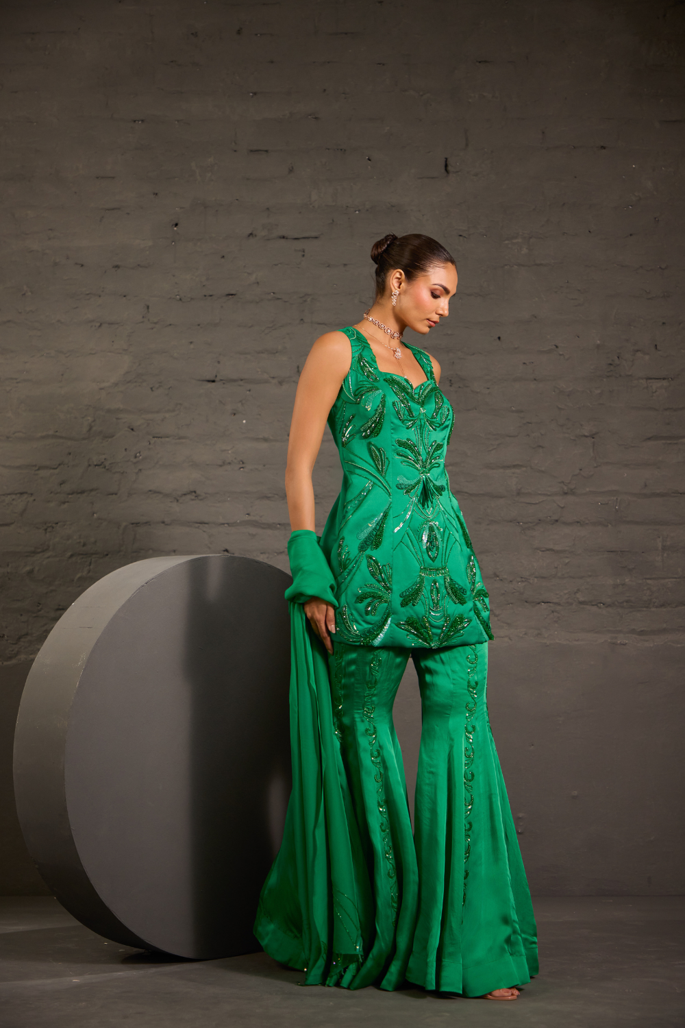 Hand Embroidred Emerald Green Short Tunic With Sharara & Dupatta Set