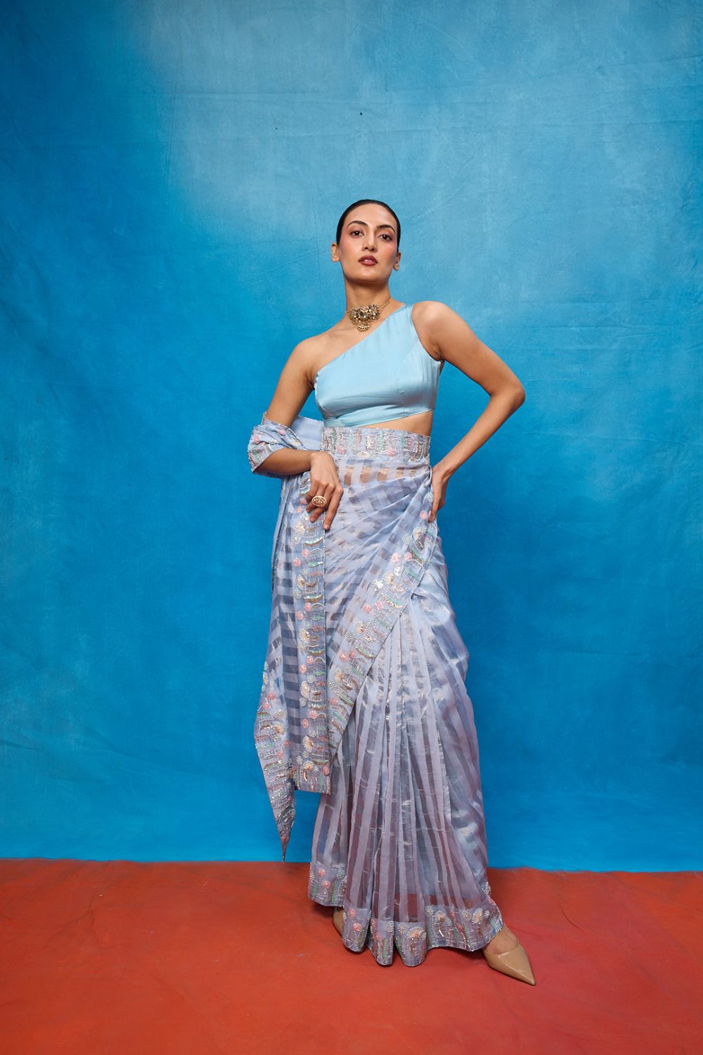 Handwoven Ice Blue Tissue Embroidered Saree