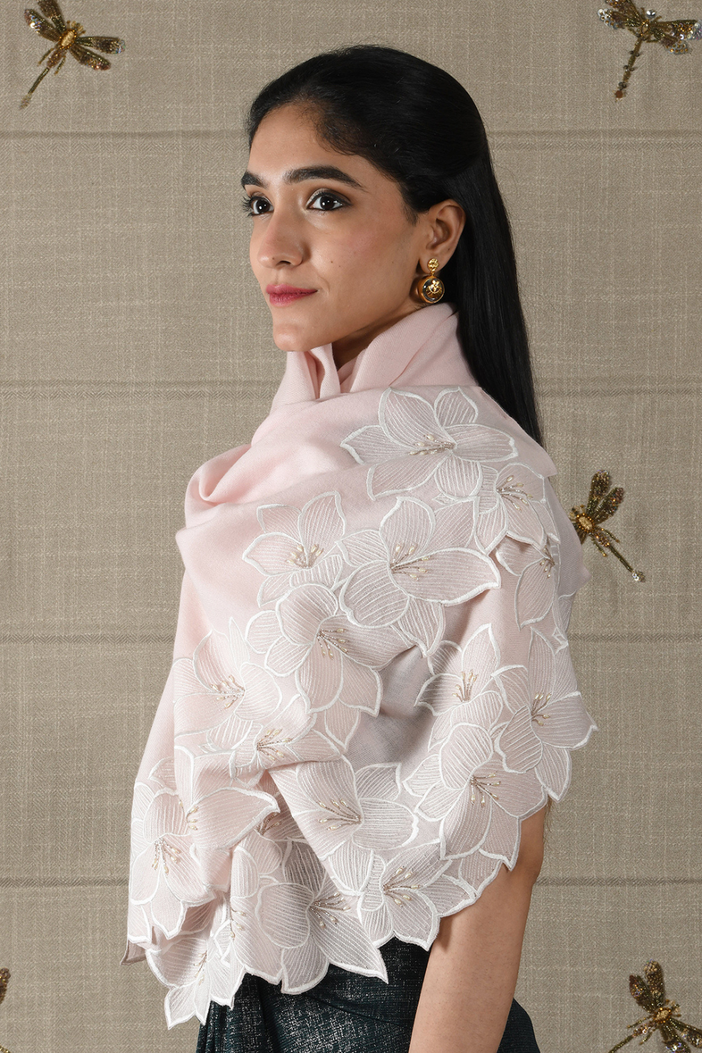 Midnight Bloom | Embroidered Wool Silk Stole – Pearl