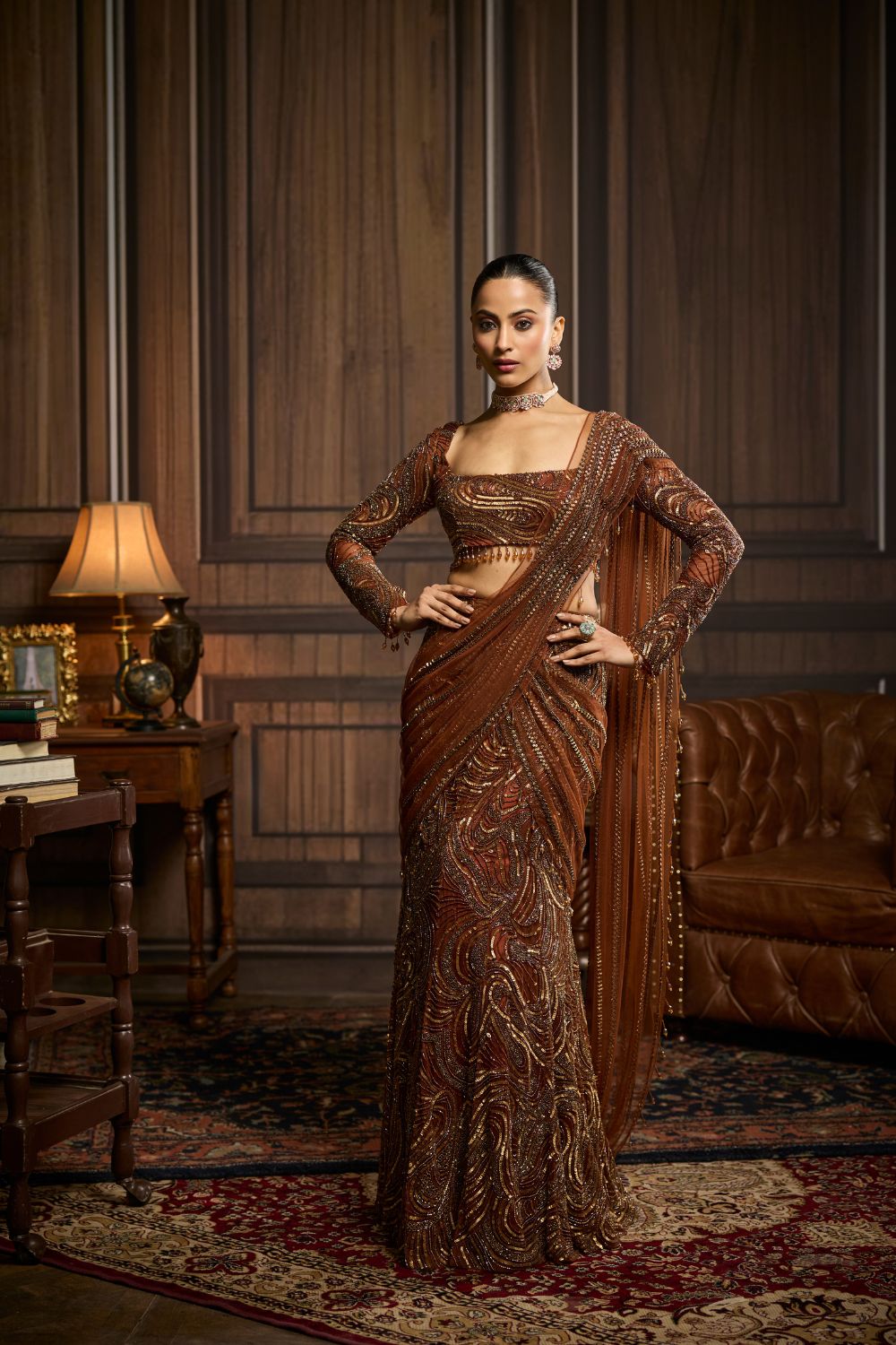 METALLIC GOLD EMBELLISHED SKIRT SAREE SET