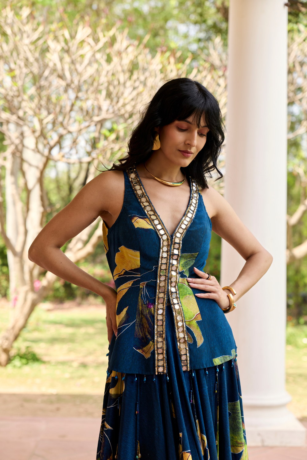NAVYGOLD FLORAL PRINTED LEHENGA SET