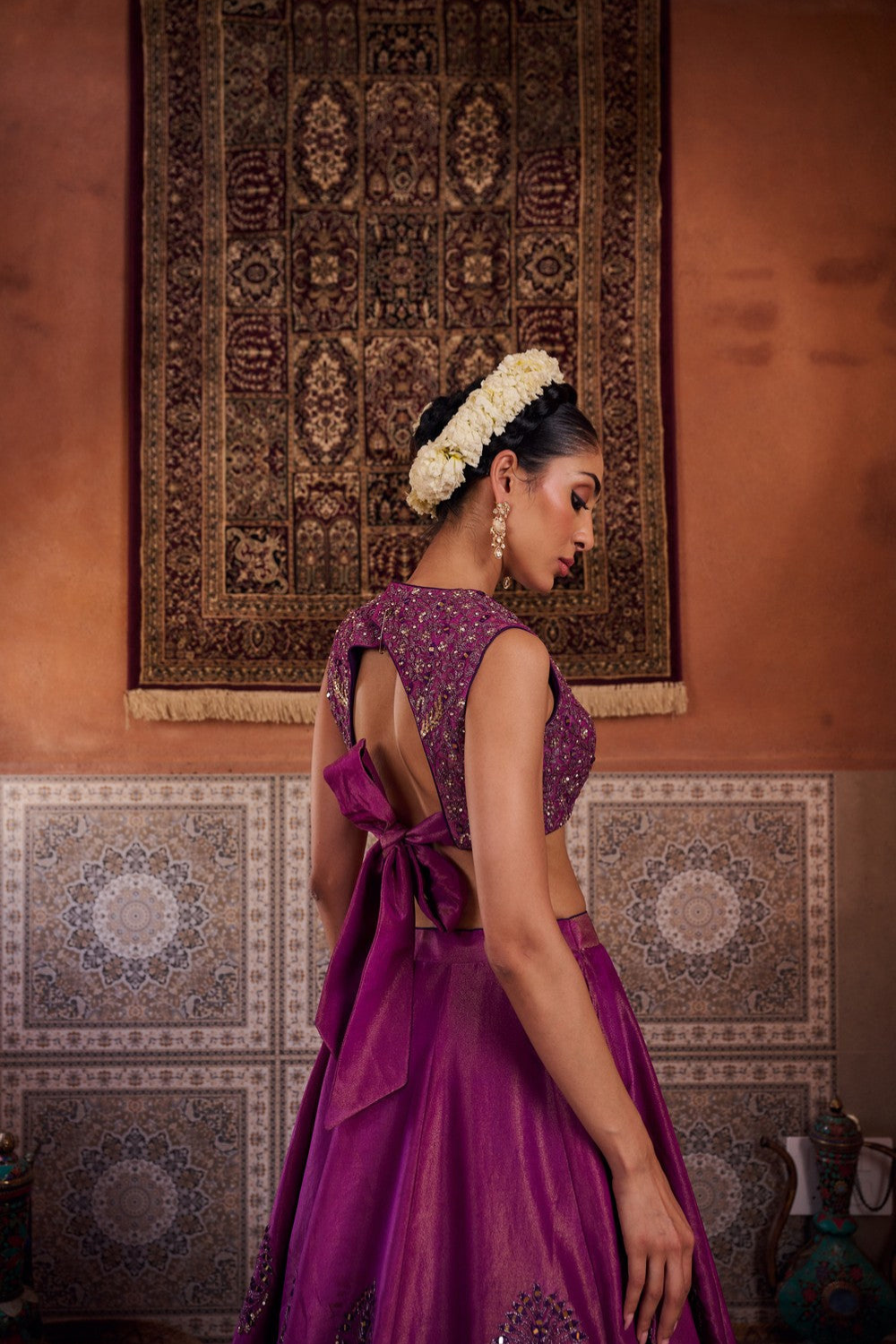 Purple shimmer tissue blouse, lehenga and dupatta