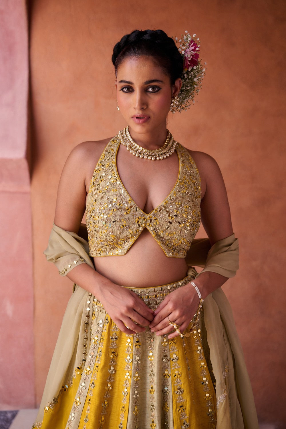 Mustard and sage green silk blouse, lehenga and organza dupatta