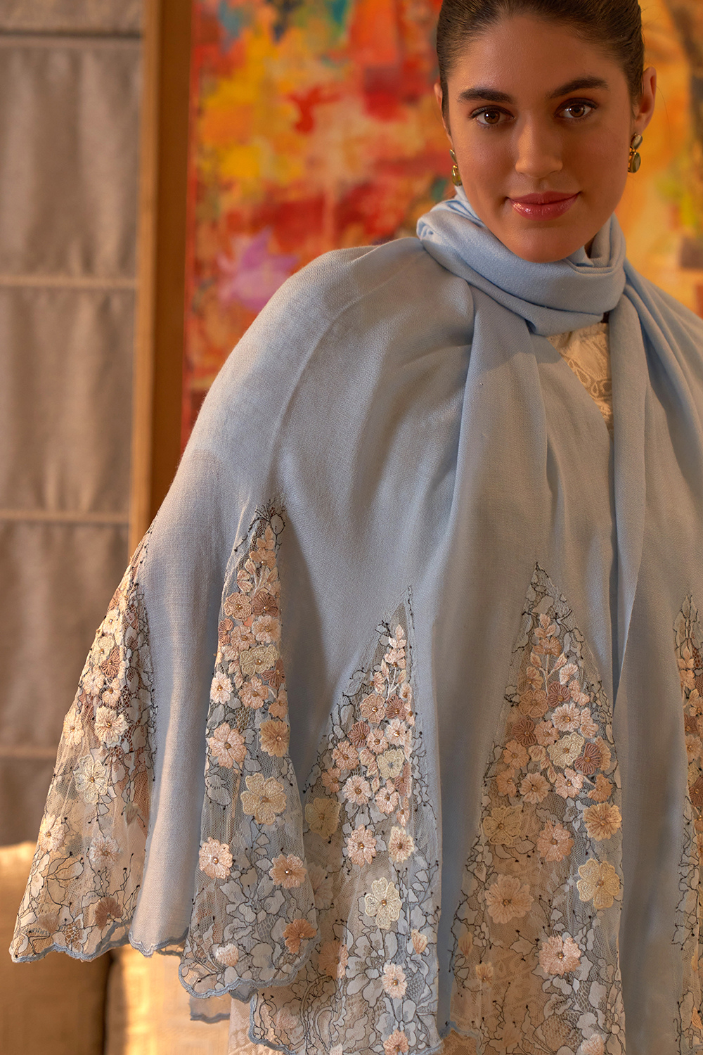 Cherry Blossom Flounce | Embroidered Wool Silk Stole – Powder Blue