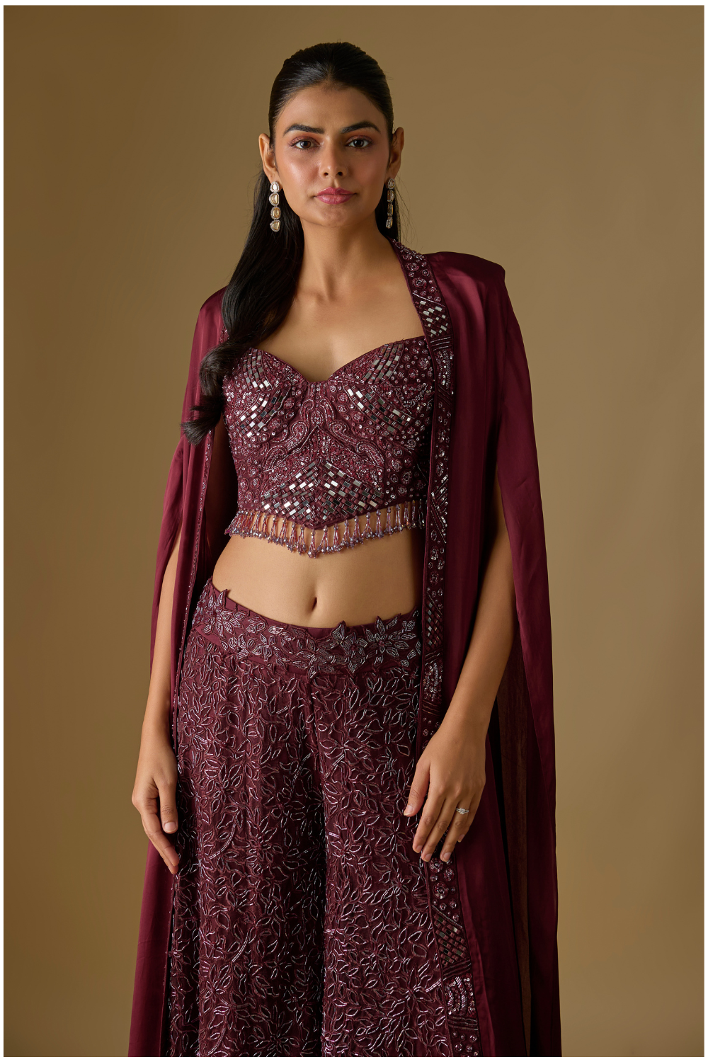 Navara- Wine Sharara with Corset Blouse and Long Cape