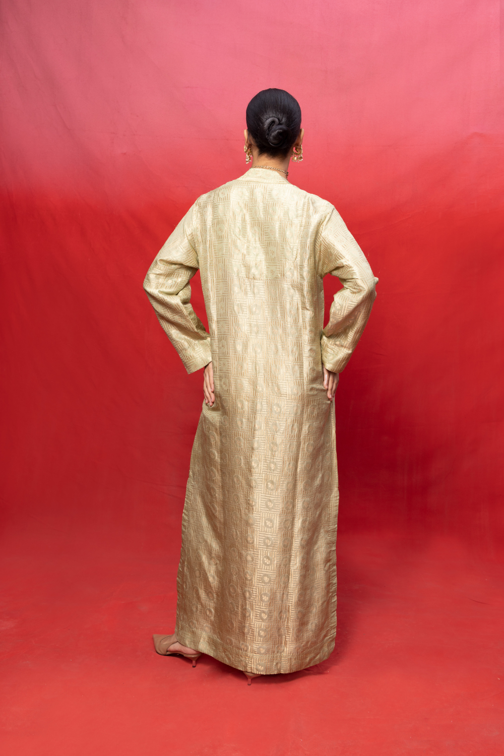 Handwoven Pistachio Green Silk Embossed Kaftan