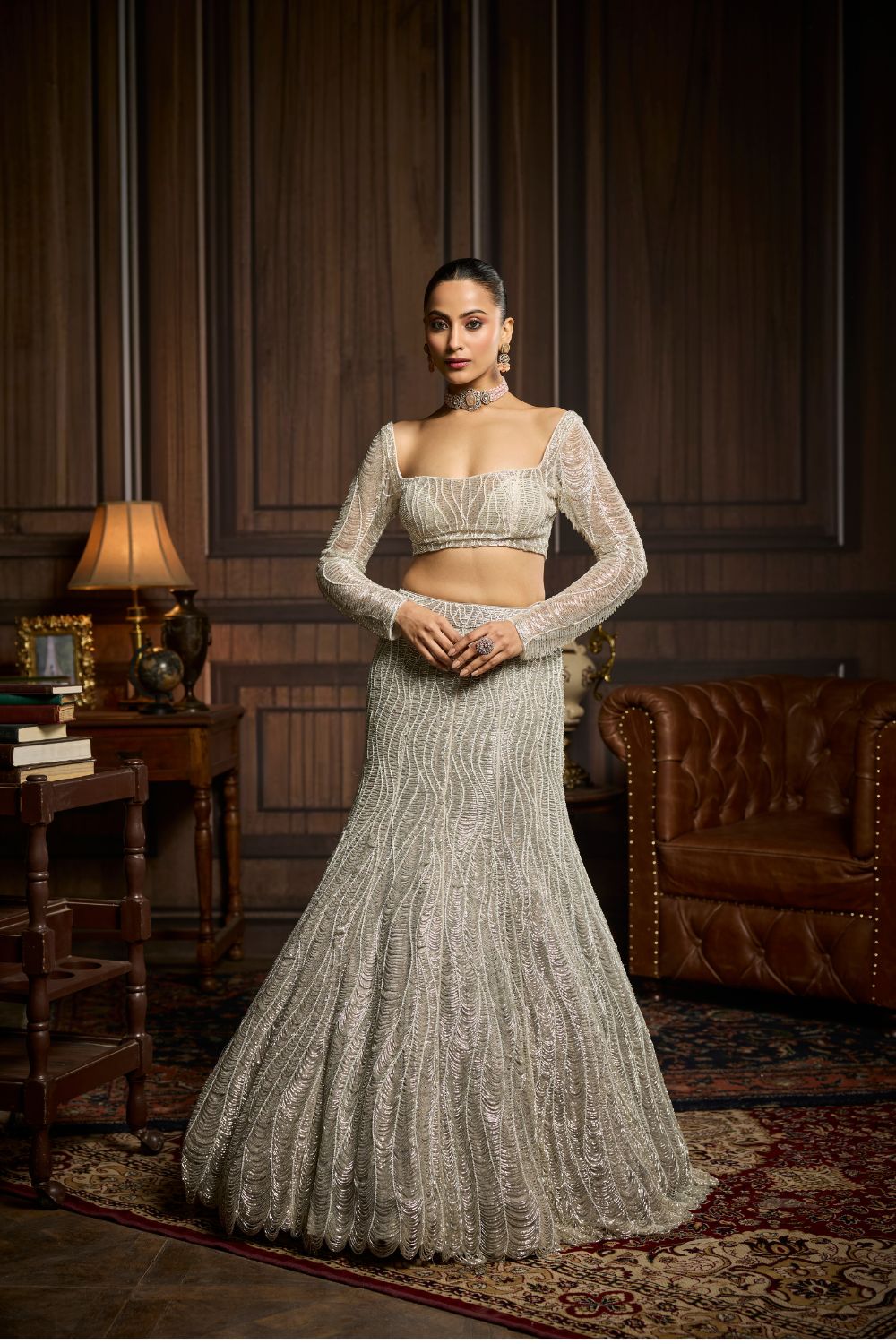 SILVER FULLY EMBELLISHED MERMAID SKIRT SET