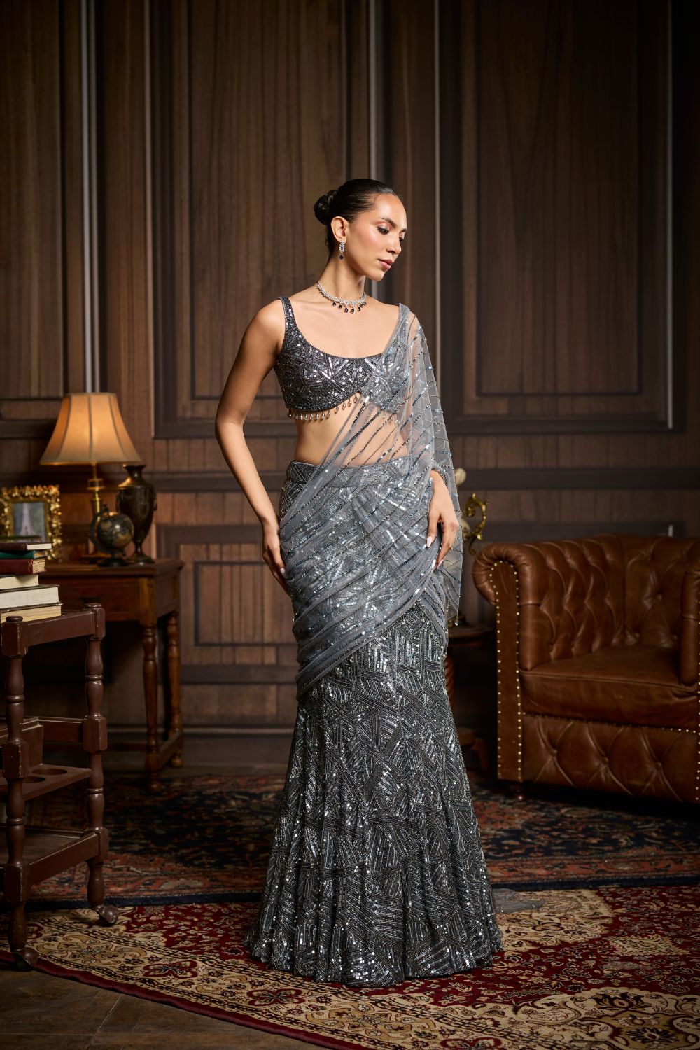 GUNMETAL EMBELLISHED PRE-DRAPED SKIRT SAREE SET