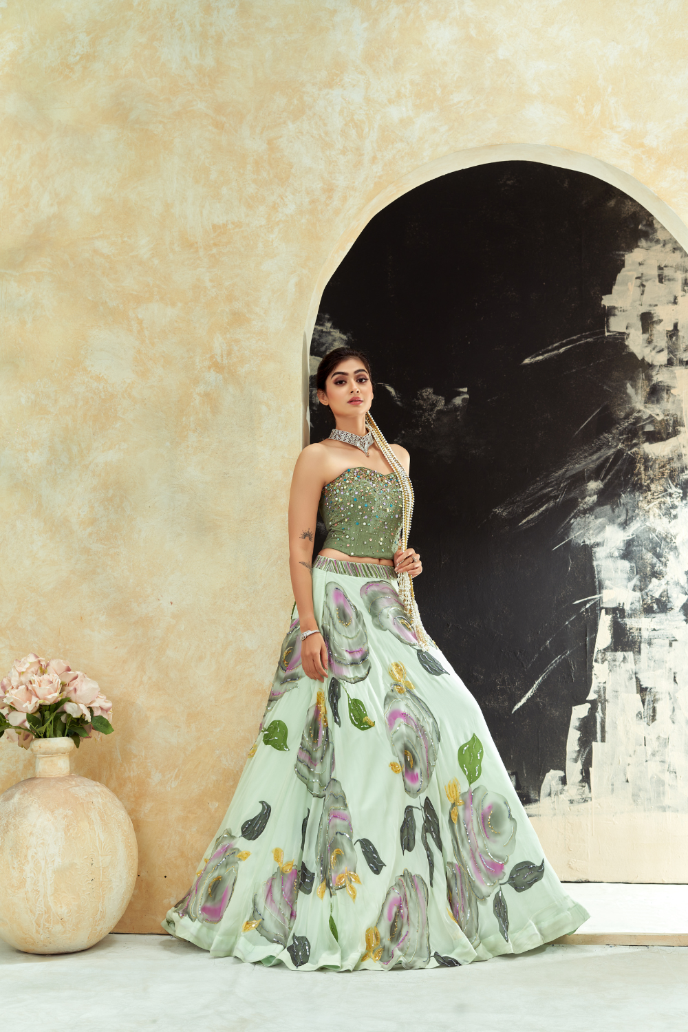 Mint Green hand painted lehenga and Green corset set