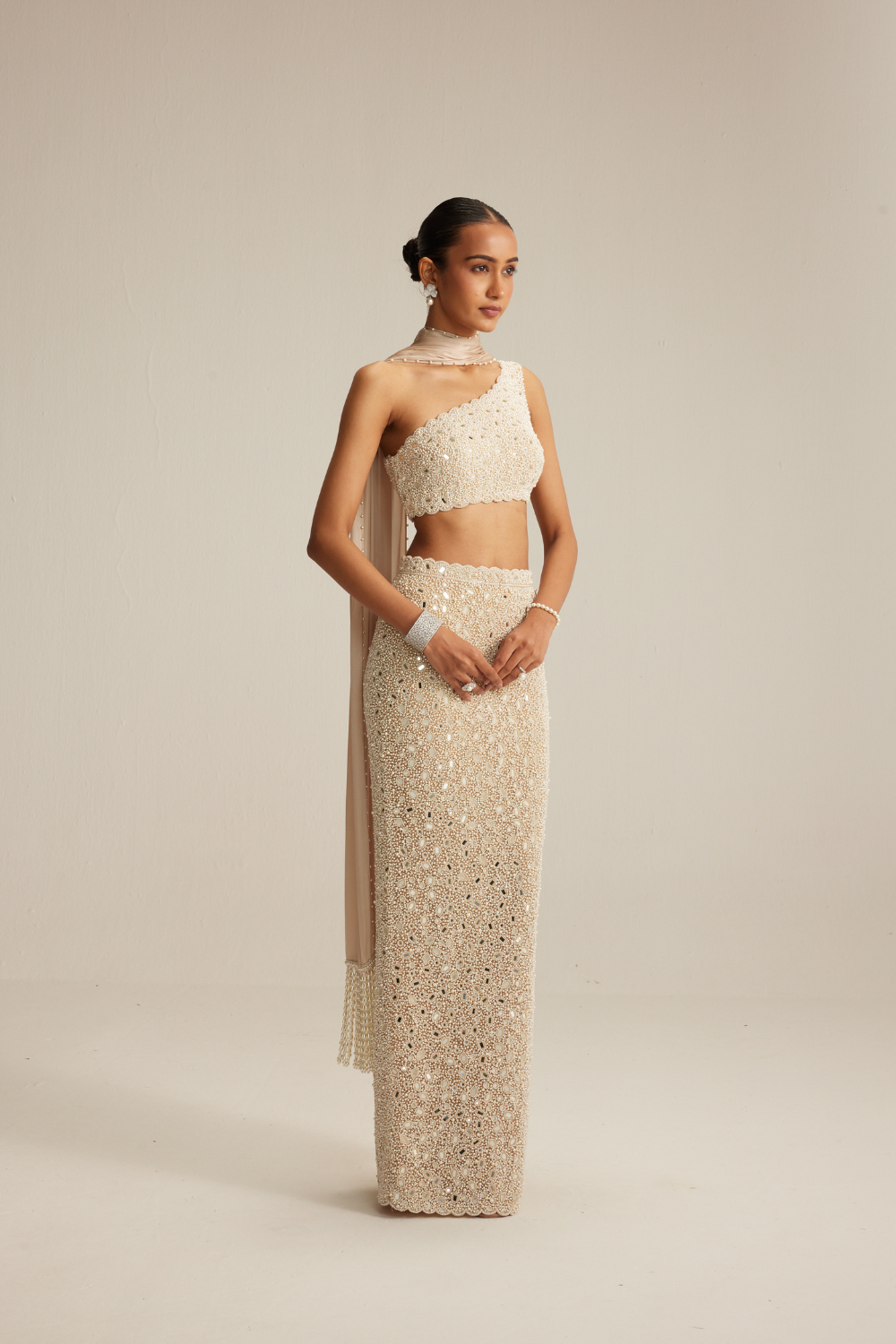 Light Beige Mirror & Pearl Pencil Skirt Set with One-Shoulder Blouse and Satin Stole