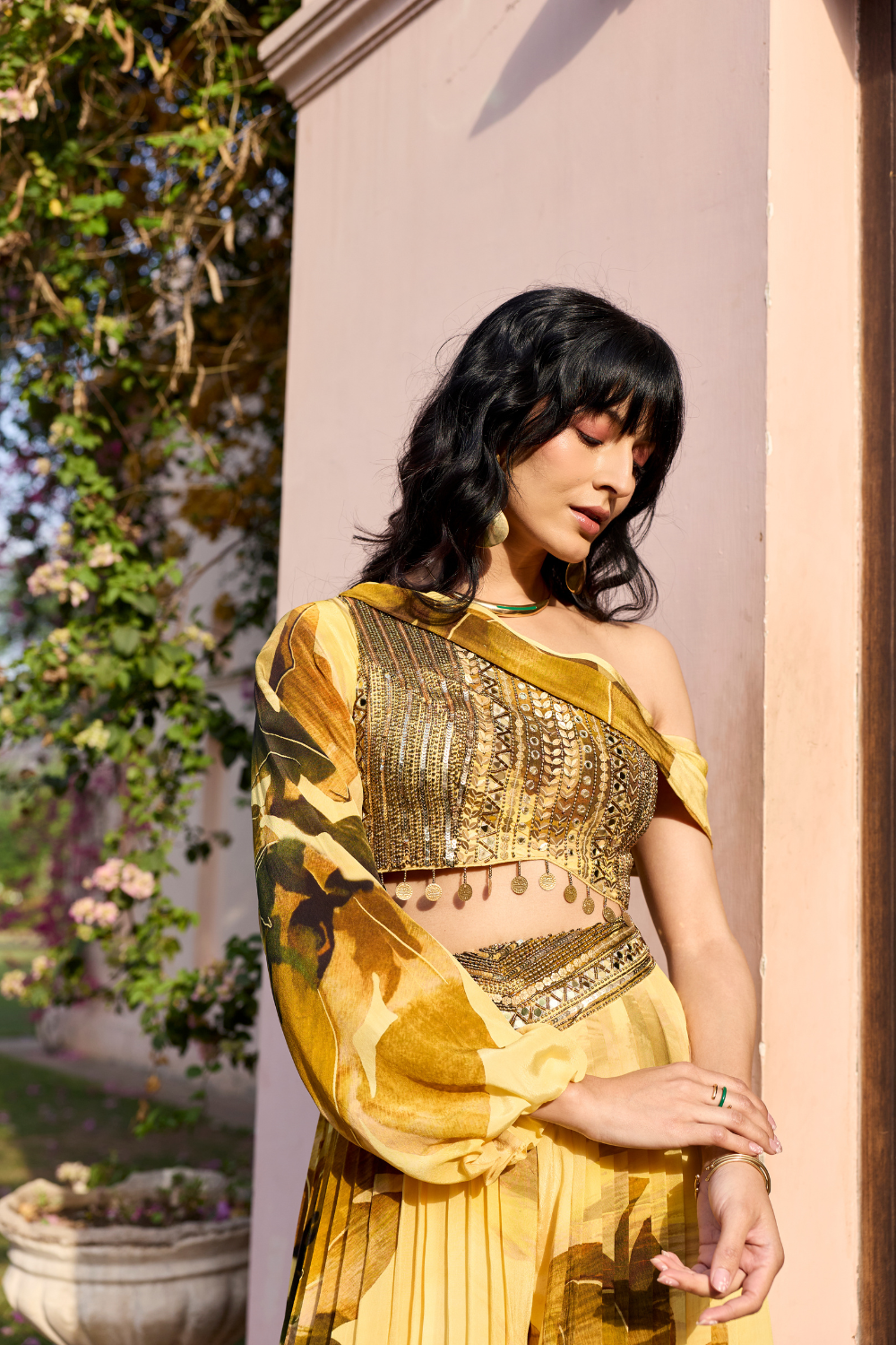 BUTTER YELLOW FLORAL ONE SHOULDER CO-RD SET