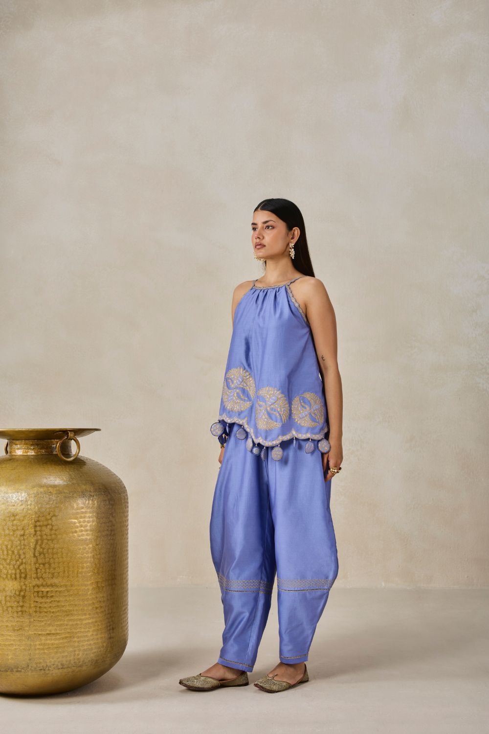 Chanderi Applique Embroidery Strappy Short Top And Palazo Set