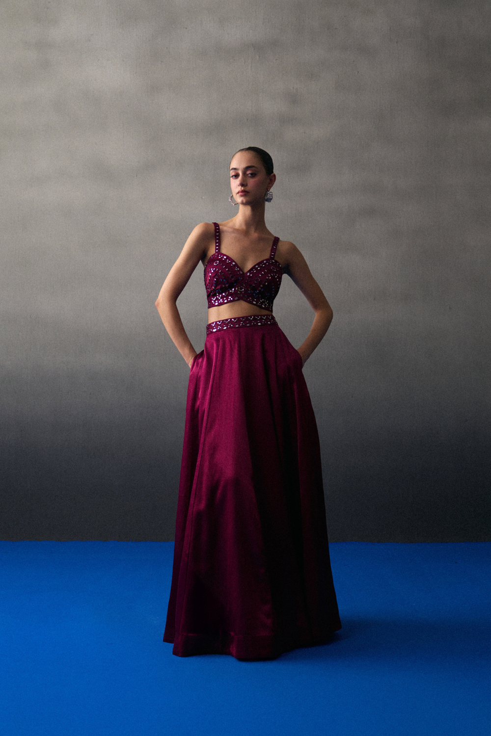 Crimson Satin Silk Skirt Set