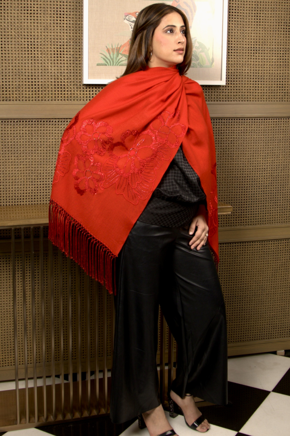 Shimmy Shimmer | Embroidered Wool Silk Stole – Red