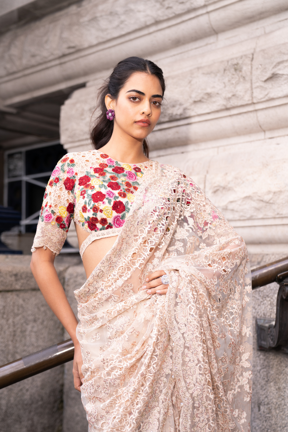 Beige Multi-Coloured Thread Work Saree