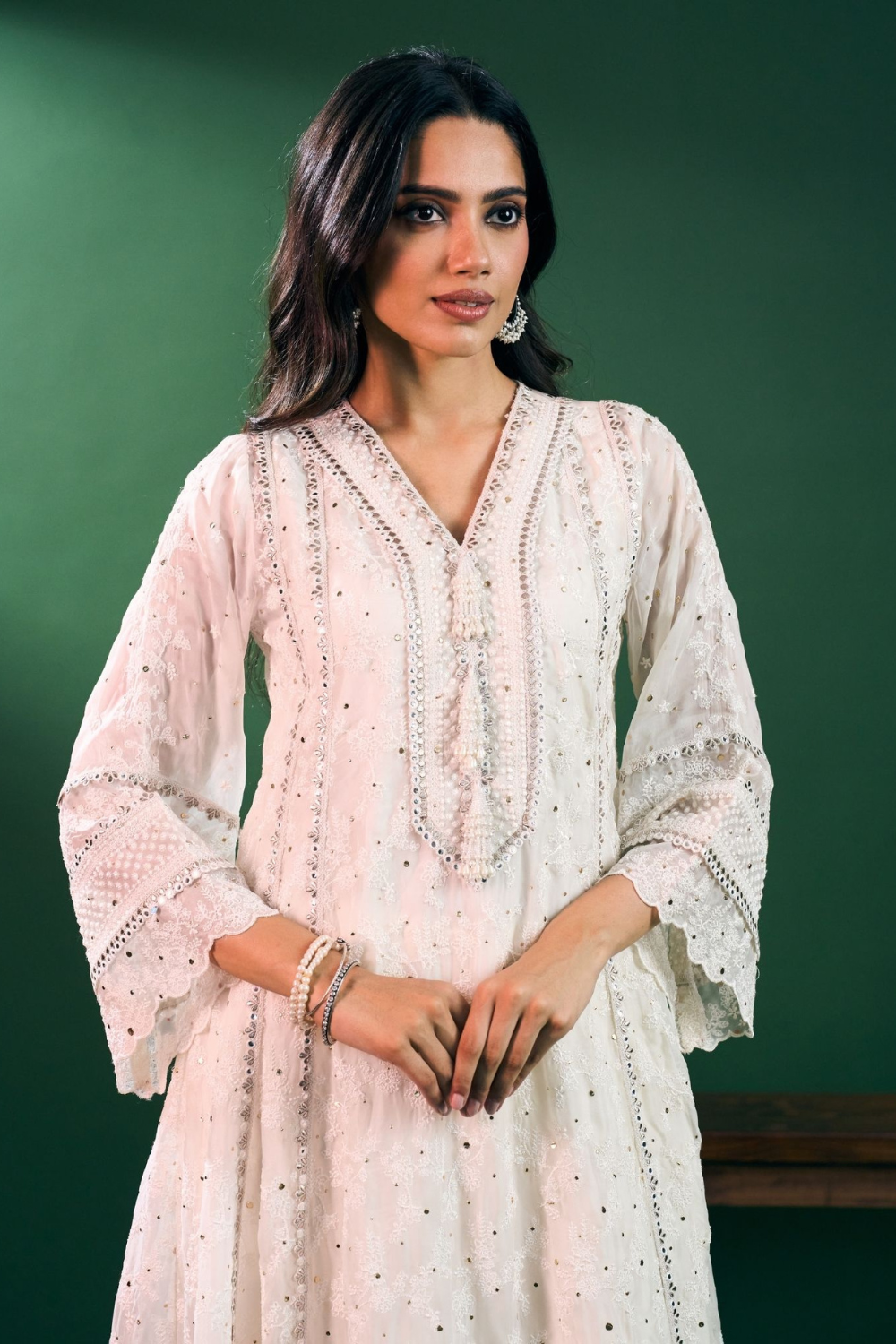Rupa Organza Off White Anarkali Kurta with Pima Satin Off White Pant Set