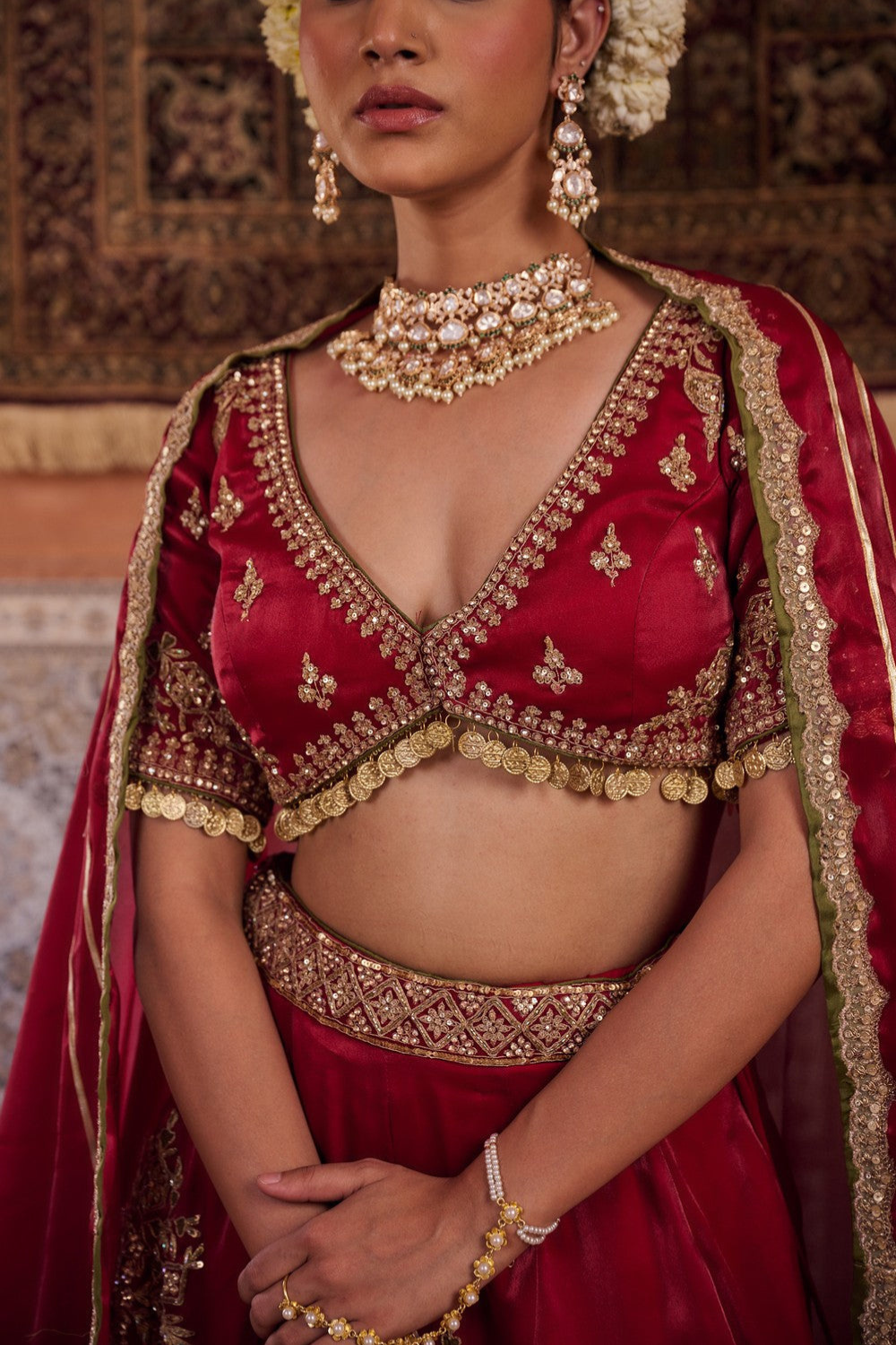 Maroon glass tissue blouse, lehenga and dupatta