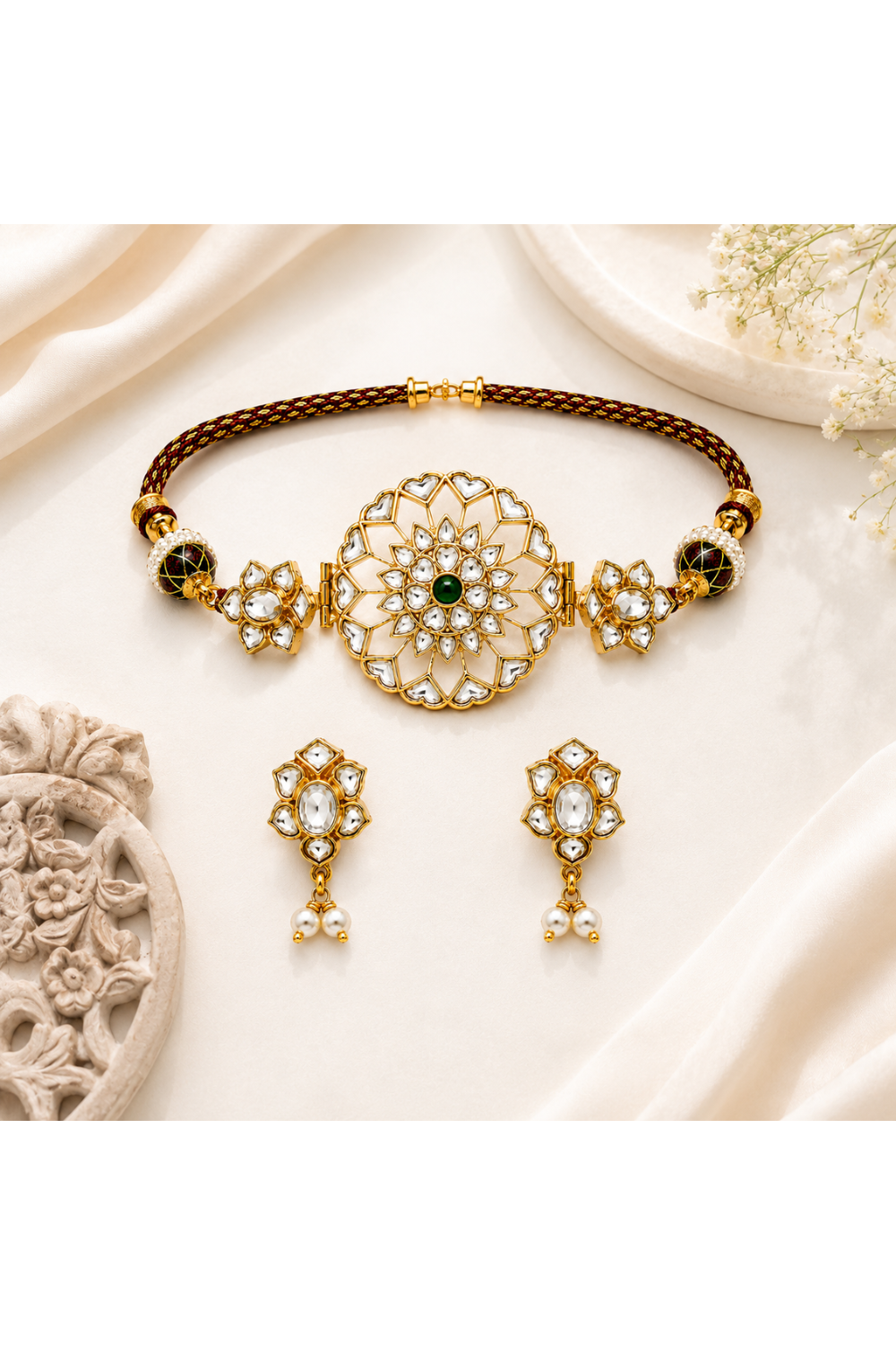 Handcrafted Jadau Kundan Choker Set with Pearl Accents
