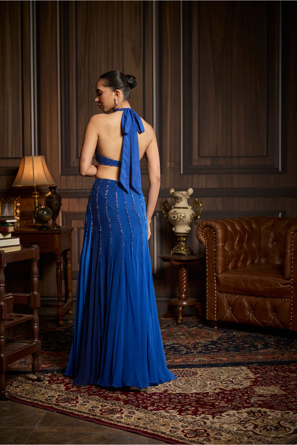 ELECTRIC BLUE EMBELLISHED BLOUSE WITH HIGHLIGHTED OMBRE SKIRT SET