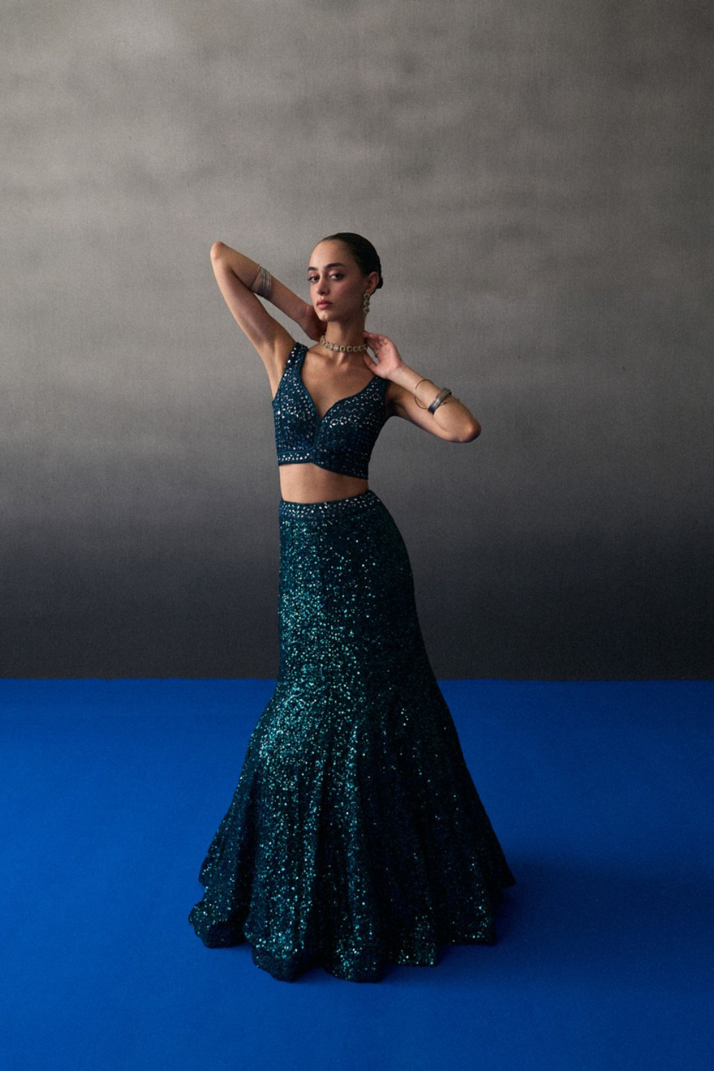 Emerald Green Satin Skirt Set