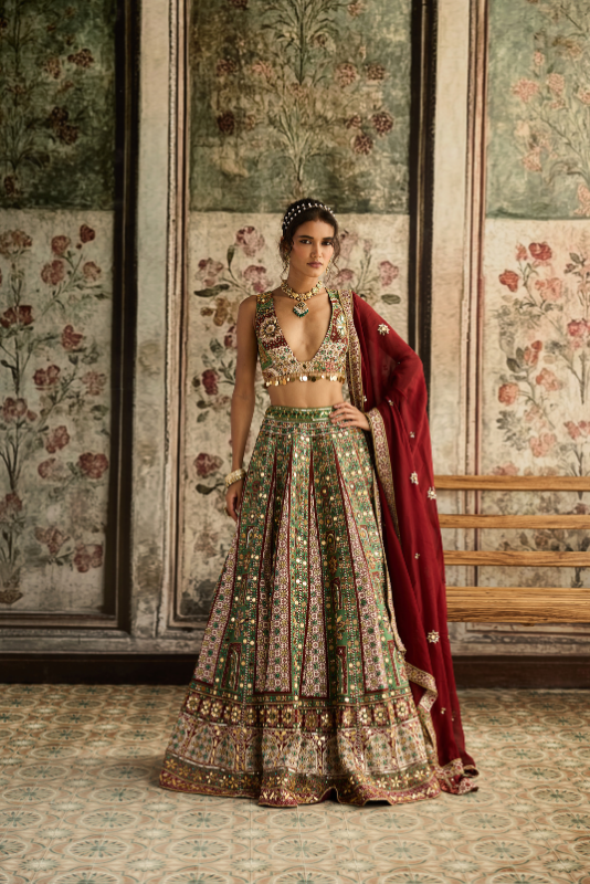 SAGE-MAROON PRINT AND HIGHLIGHTED LEHENGA SET