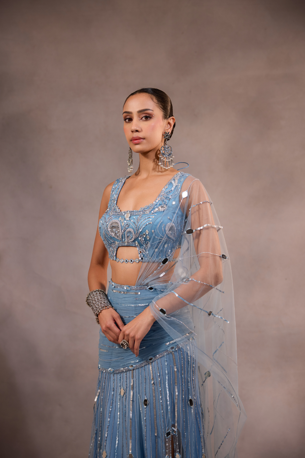 Powder Blue Embellished Mermaid Lehenga Saree Set