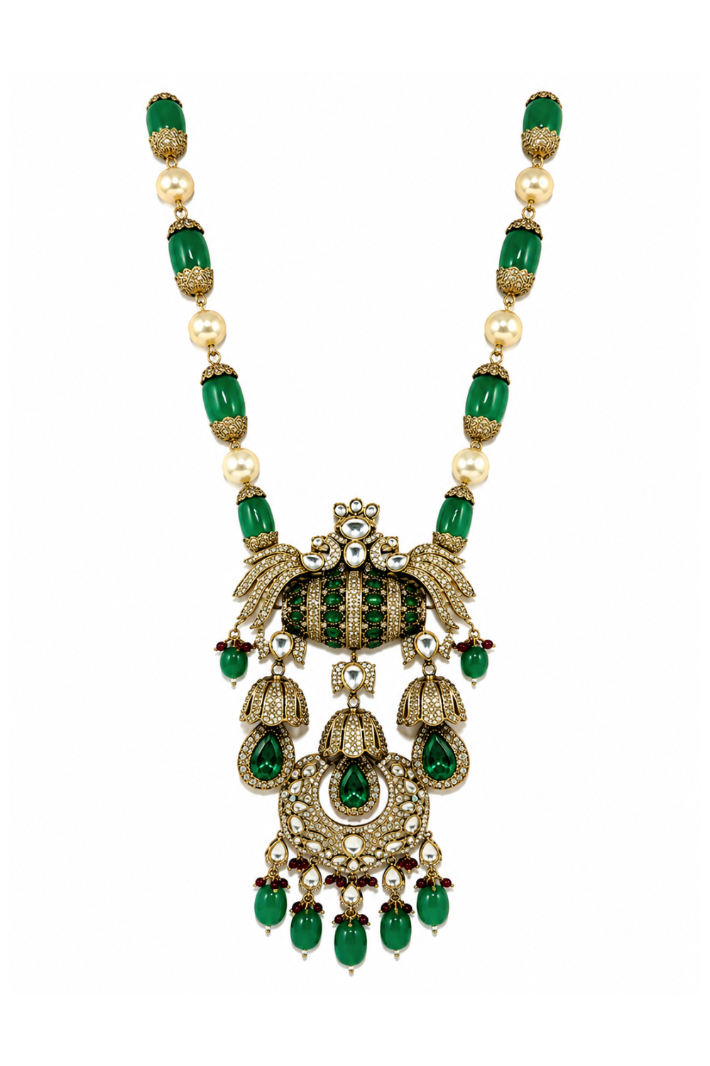 Emerald Green Semi-Precious Stone Kundan Long Necklace Set with Maang Tikka