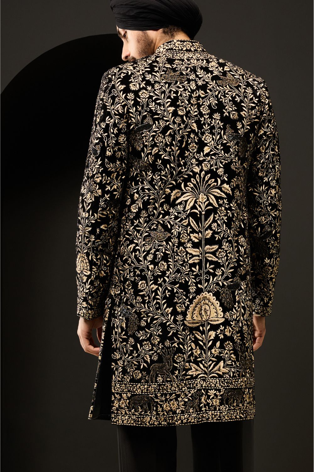 Black indo Western highlighting with gold zari, sequins, pearl and cutdana