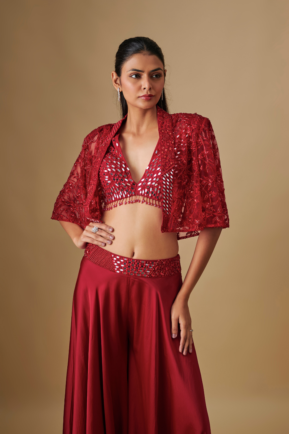 Shelly-Red sharara Mirror Blouse with Cape