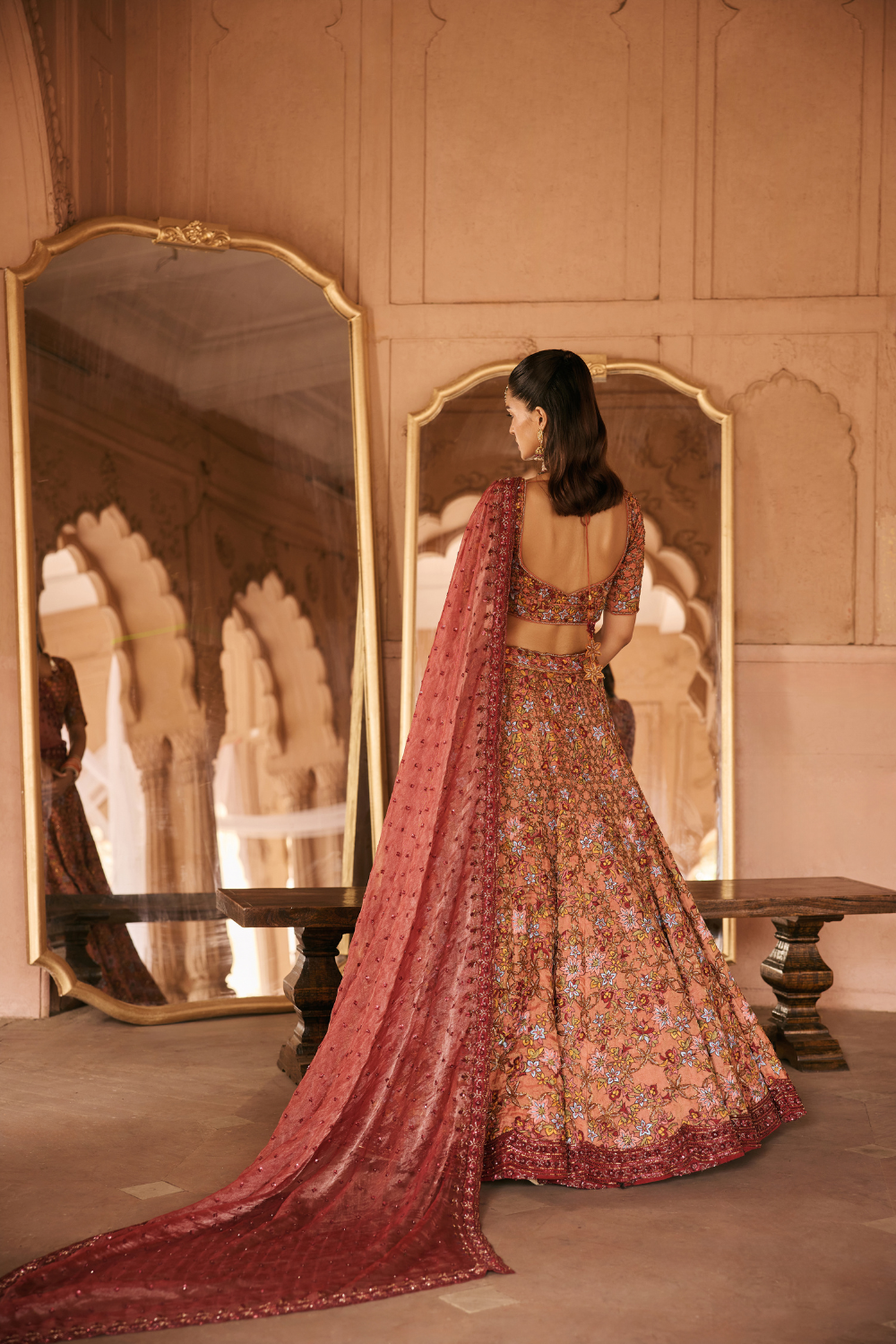 Rust, Deep Red, Hand embroidery, Tissue, Lehenga Set