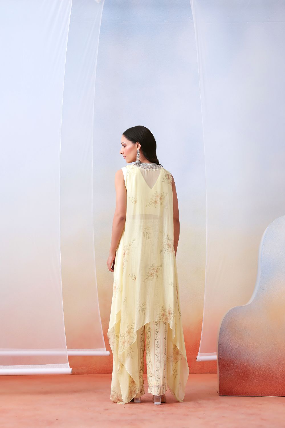 Off White Pant Set With Embellished Drape Tunic