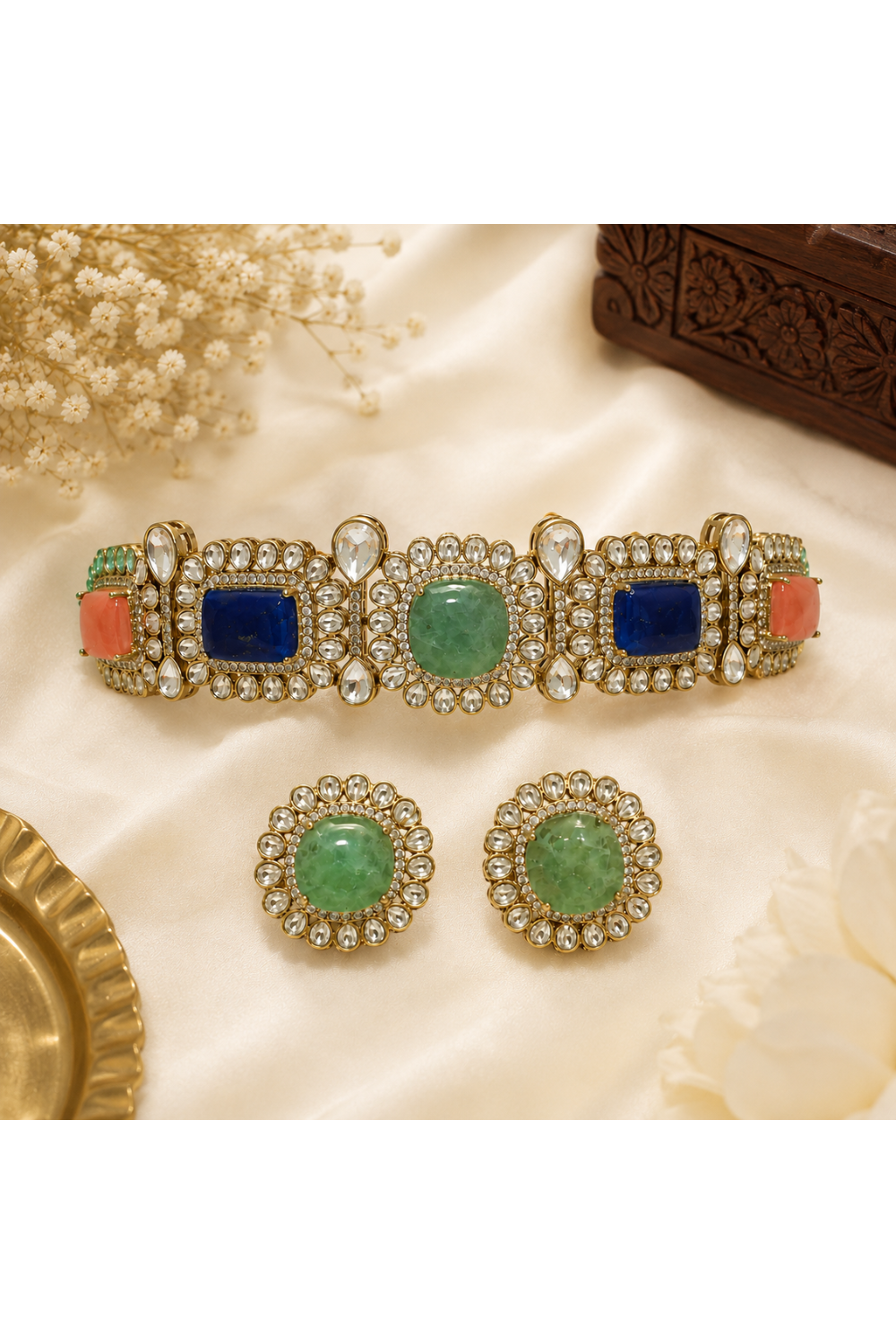 Multicolour Semi-Precious Stone Kundan Choker Set