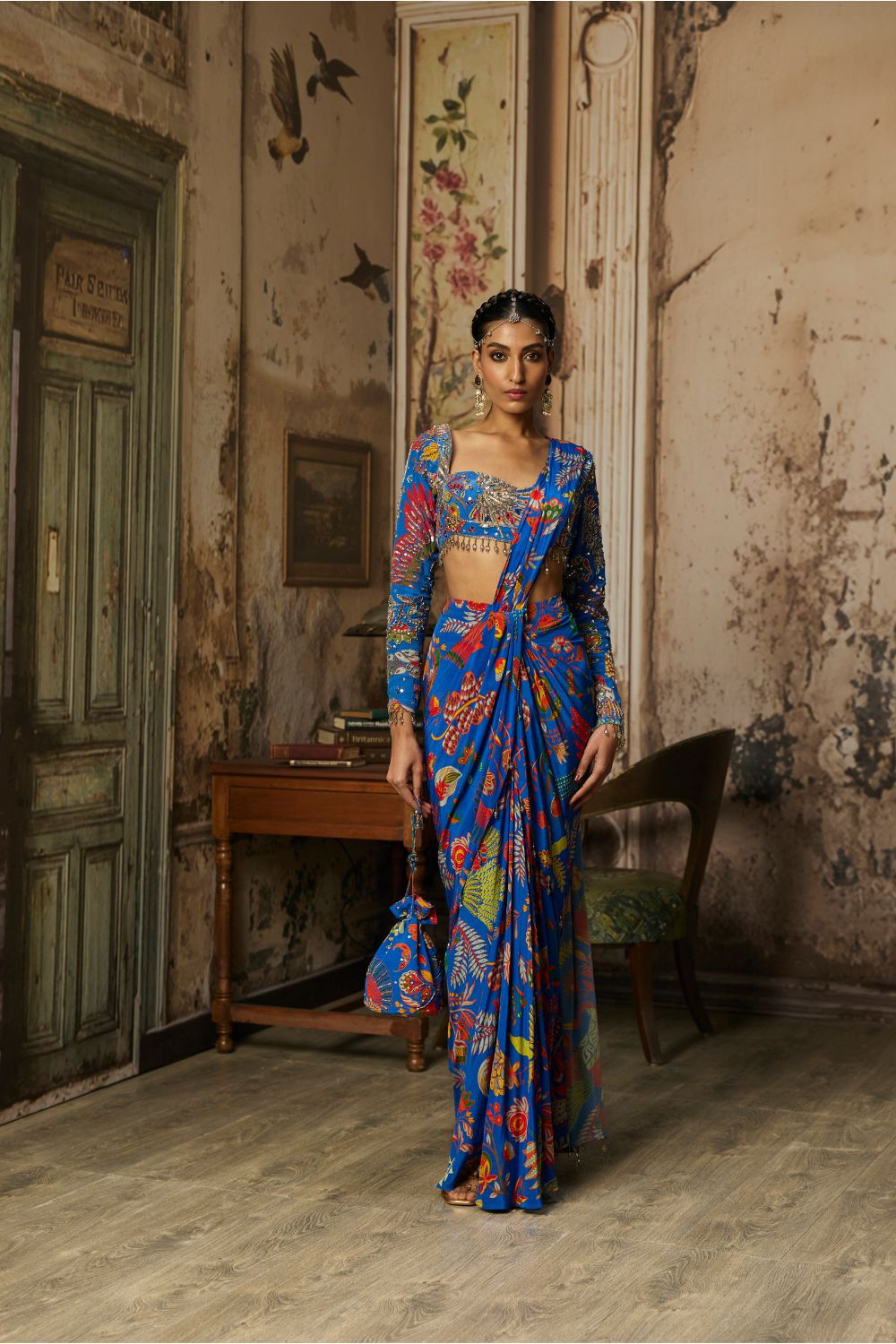 ELECTRIC BLUE PRINTED AND HIGHLIGHTED DHOTI SAREE