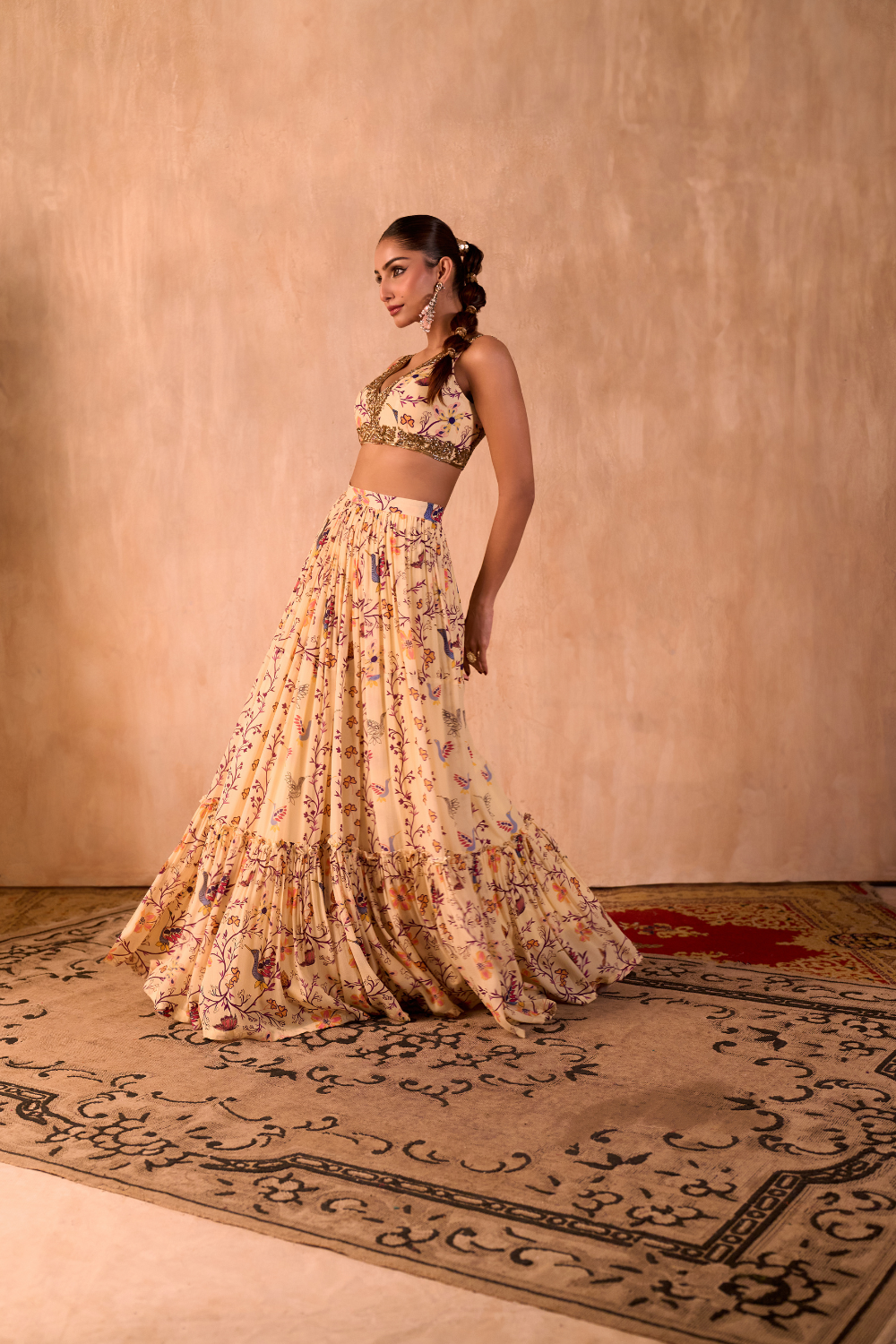 IVORY PRINT EMBROIDERED CHOLI, LAYERED LEHENGA AND DUPATTA SET
