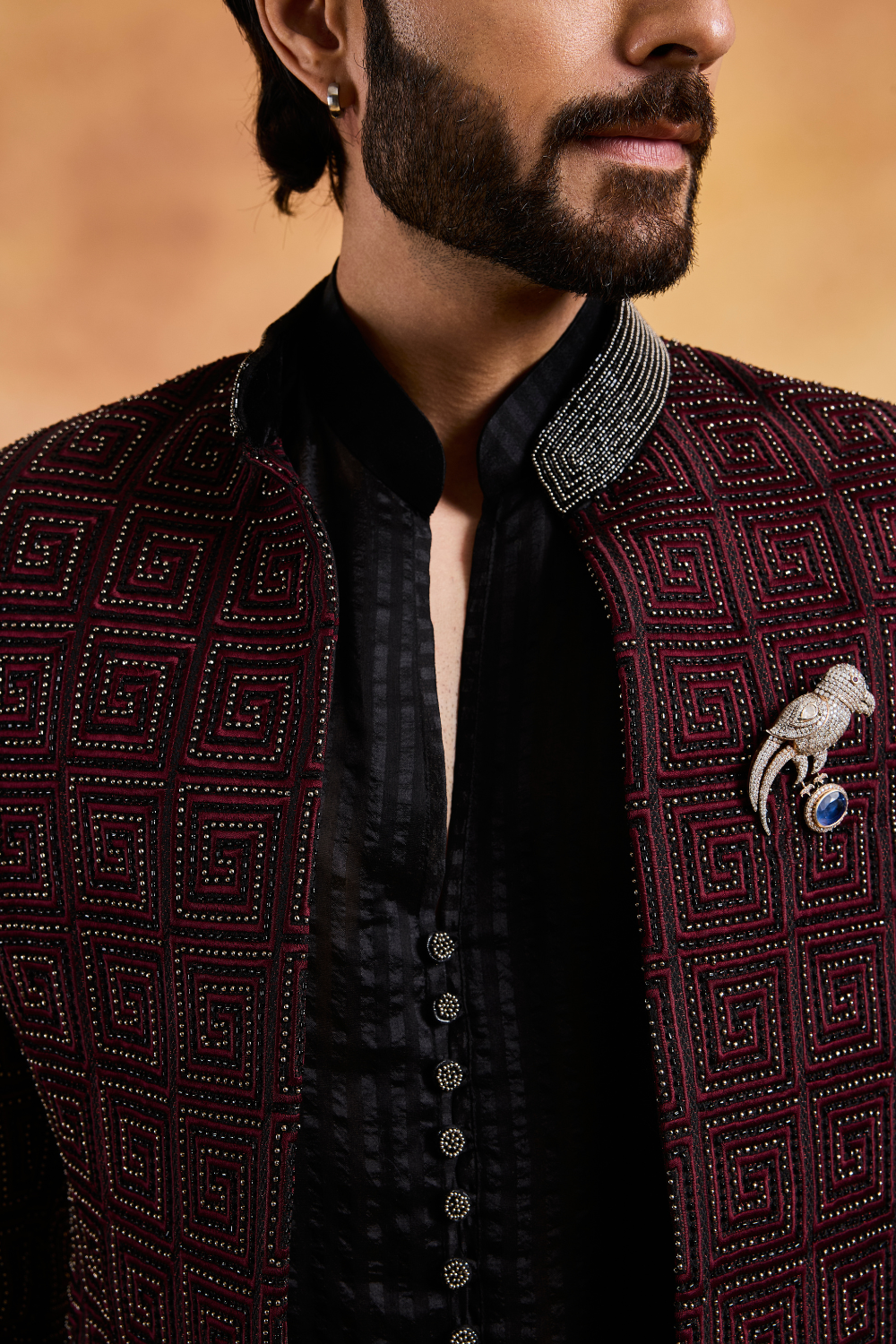 Black Velvet Open Jacket with Bundi and Trouser